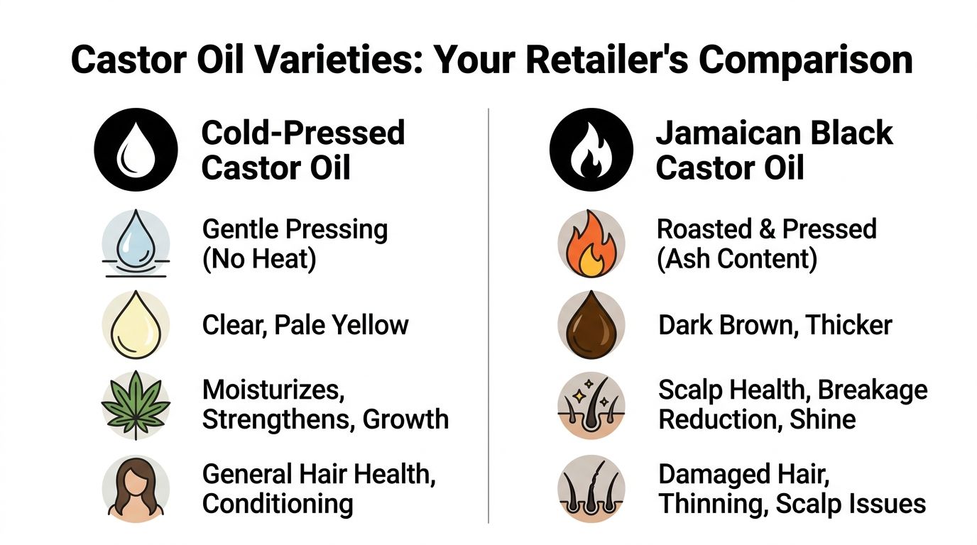 A comparison chart showing the key differences between cold-pressed castor oil and Jamaican black castor oil.