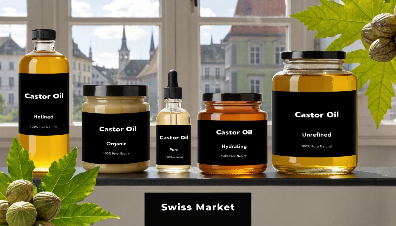 Various containers of natural castor oil arranged on a ledge with a scenic window background.