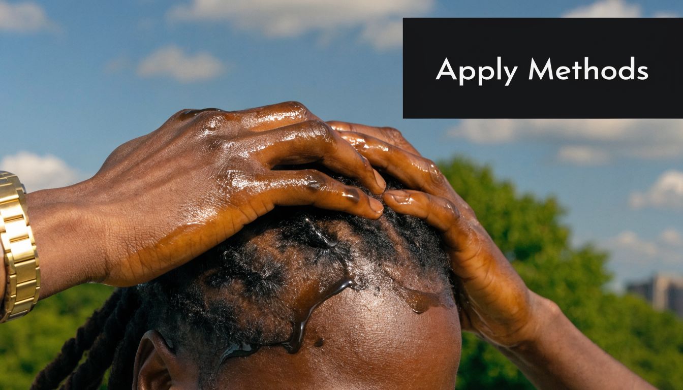 A close-up view of a person applying shiny oil to their dark hair outdoors.