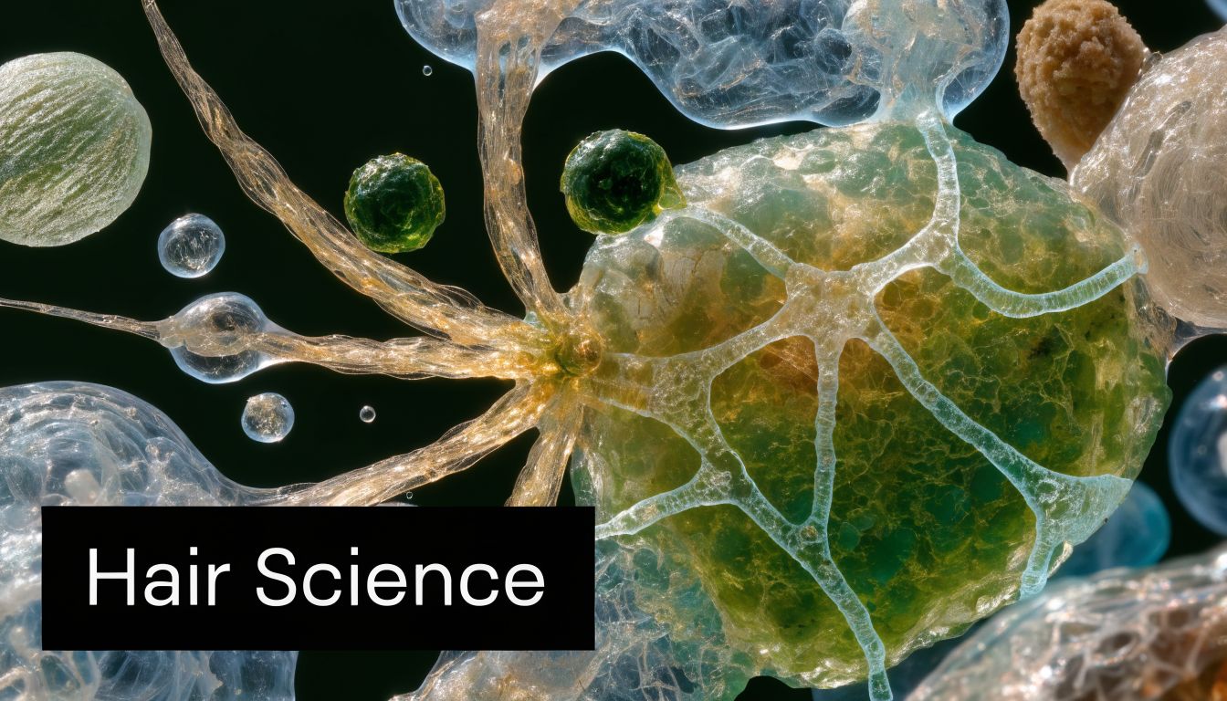 A microscopic view of biological cell structures floating with thin, translucent filaments on a dark background.