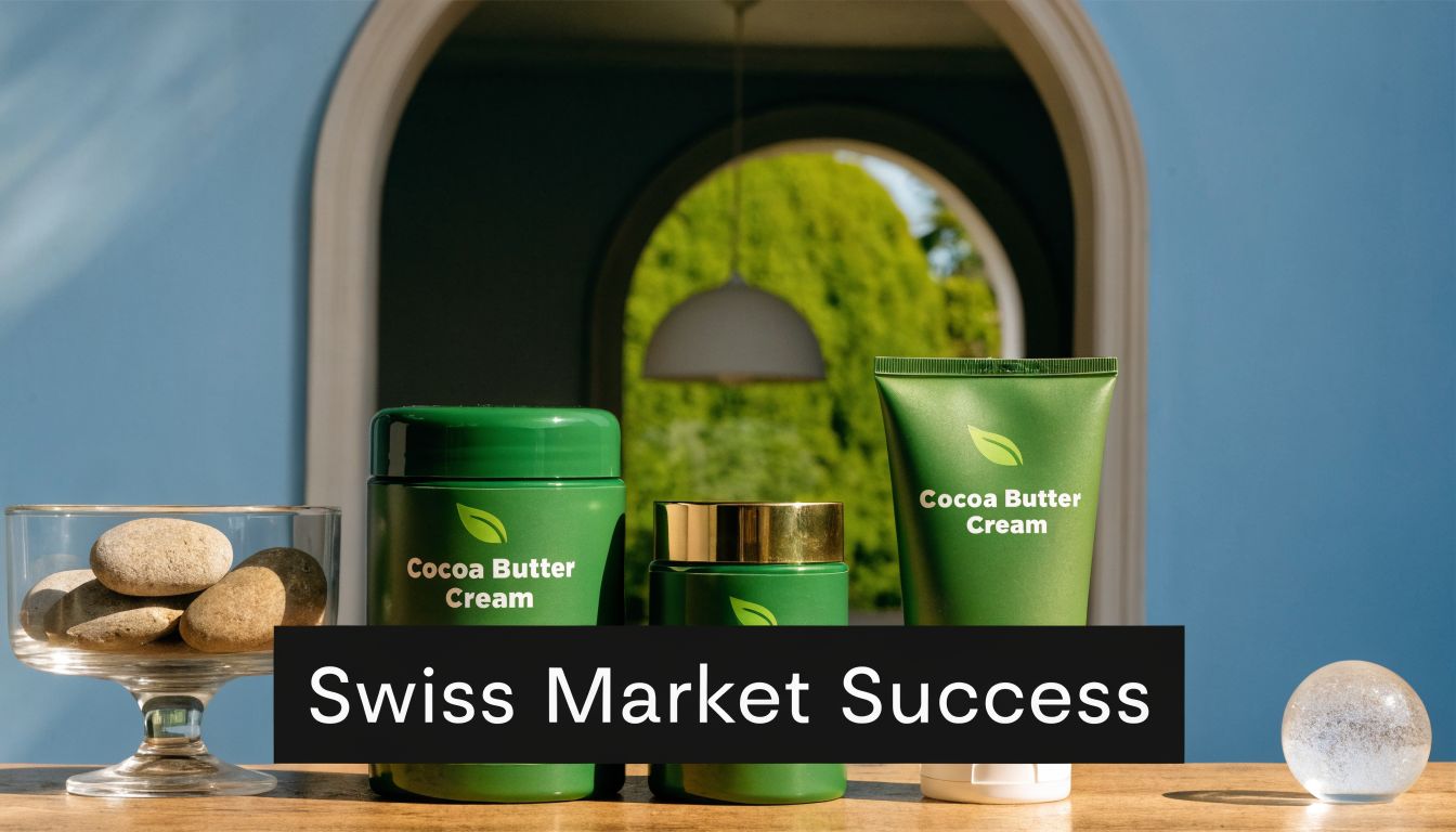 Three green Cocoa Butter Cream containers are displayed on a wooden surface against an archway backdrop.