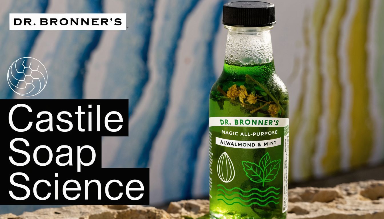 A green bottle of Dr. Bronner's soap with botanical infusions standing in front of abstract blue art.