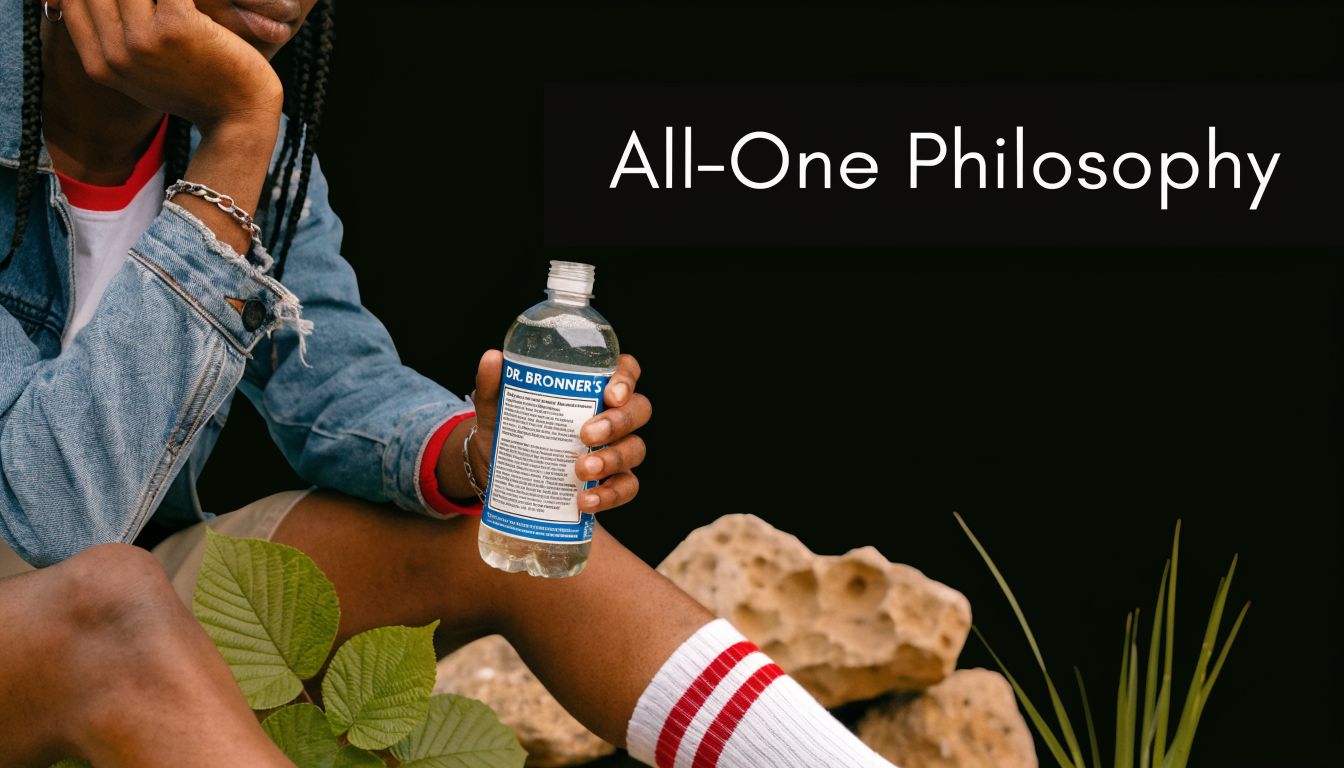 A person holding a bottle of Dr. Bronner's soap while sitting near rocks and greenery.