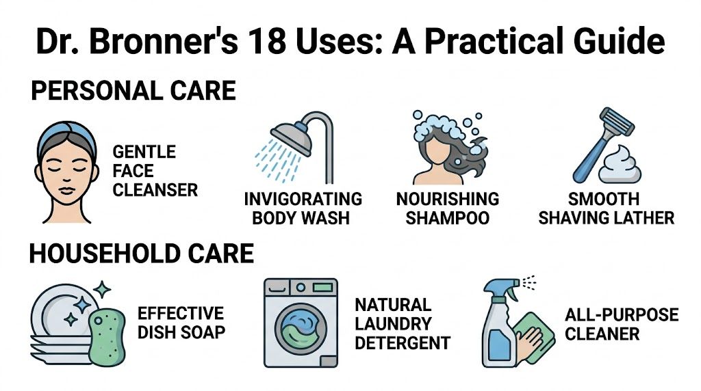 A visual guide showing Dr. Bronner's soap applications for personal care and household cleaning tasks.