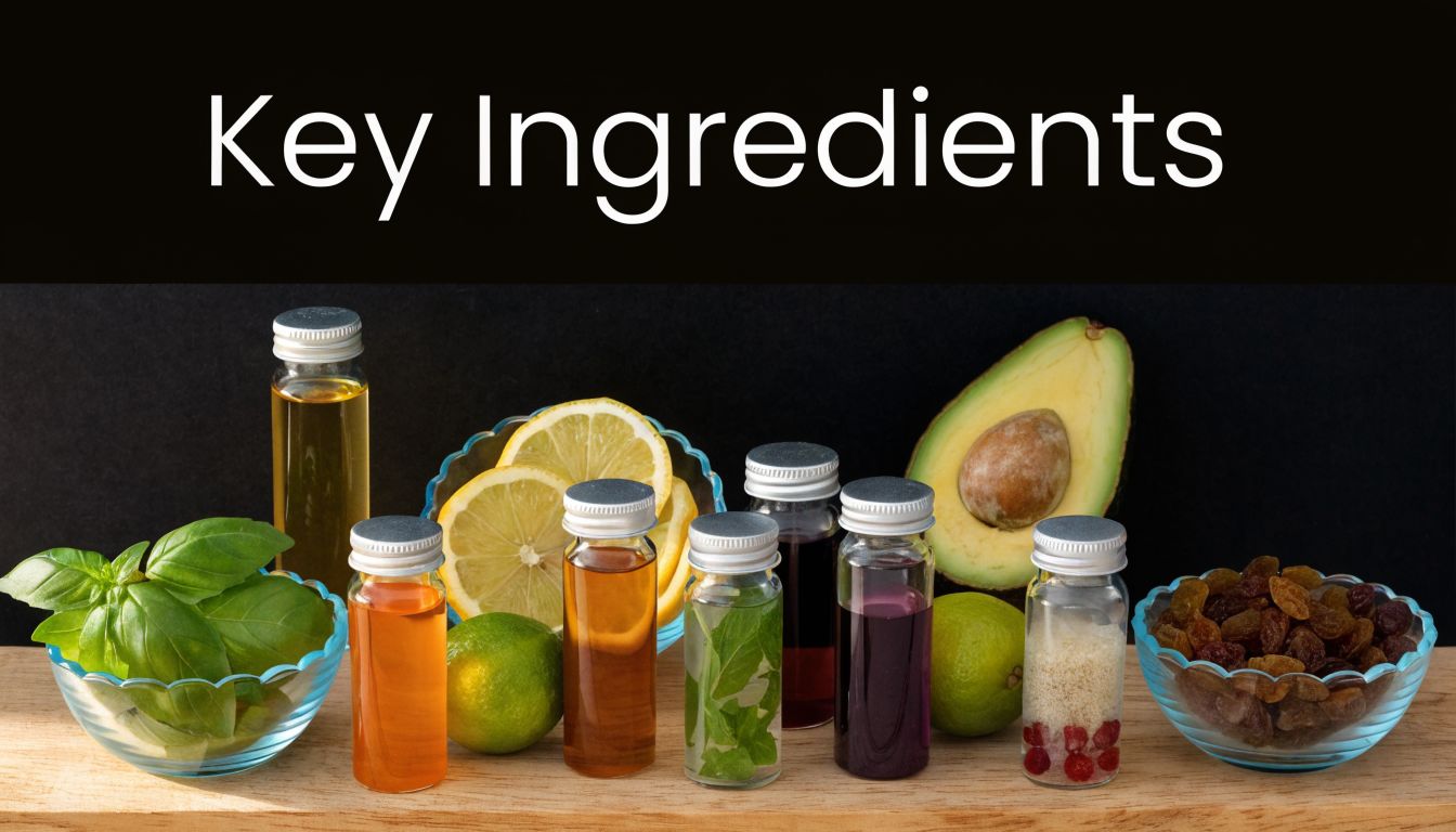 A collection of natural ingredients including herbs, oils, citrus fruits, avocado, and raisins on a wooden surface.