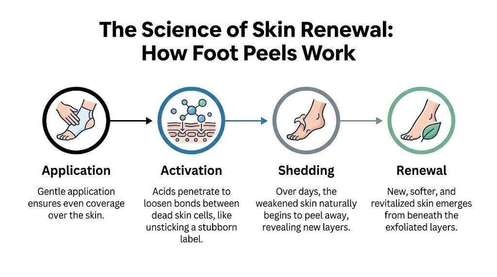A four-step infographic illustrating how foot peel masks work, from application to skin renewal.