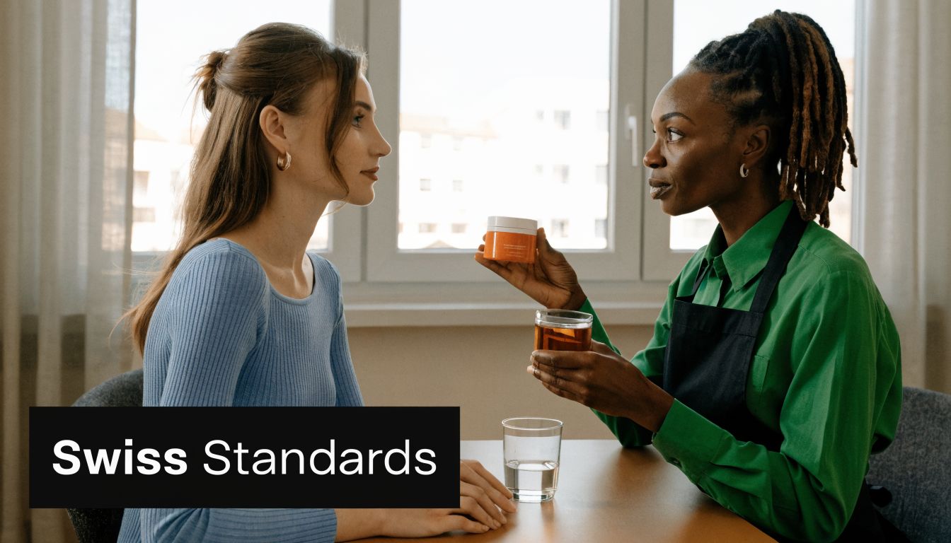 A professional consultation between two women with one holding a skincare product and a tea glass.