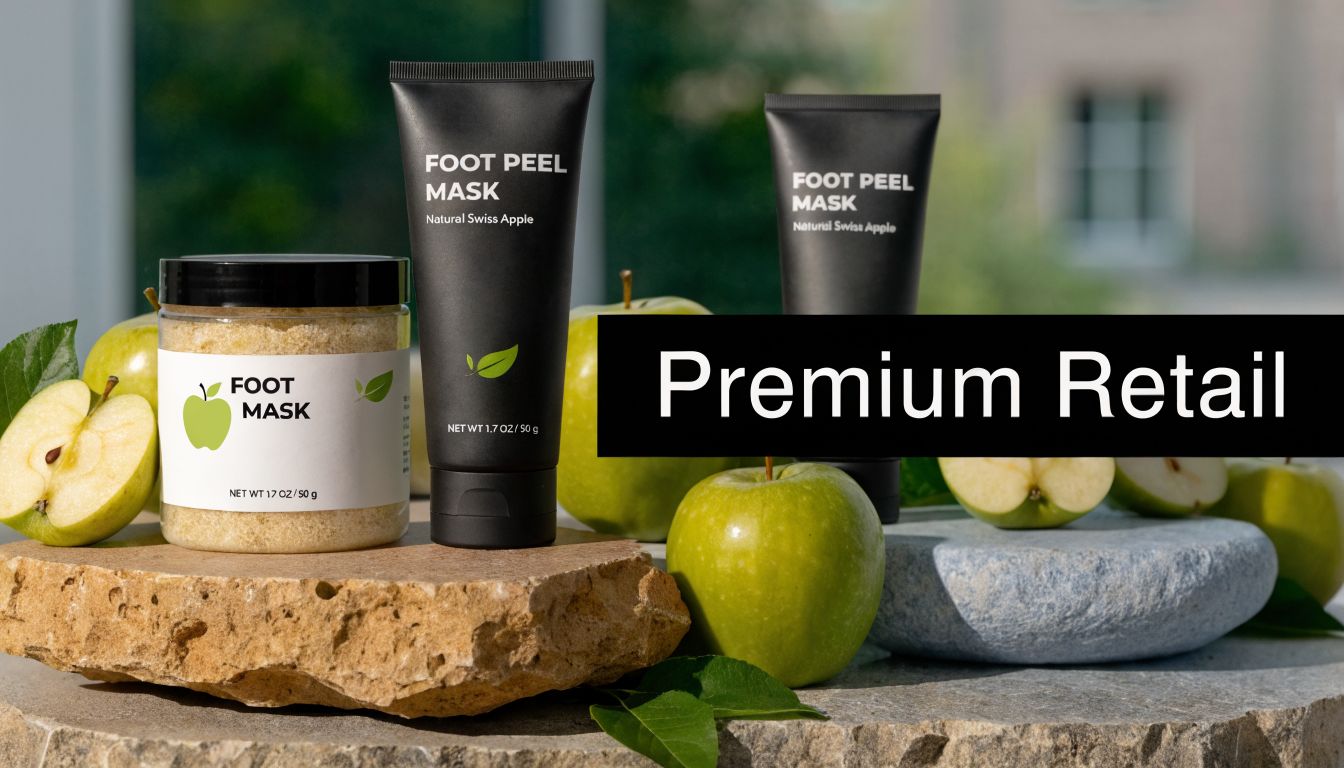A collection of apple-scented foot peel mask skincare products displayed on natural stone surfaces with fresh apples.