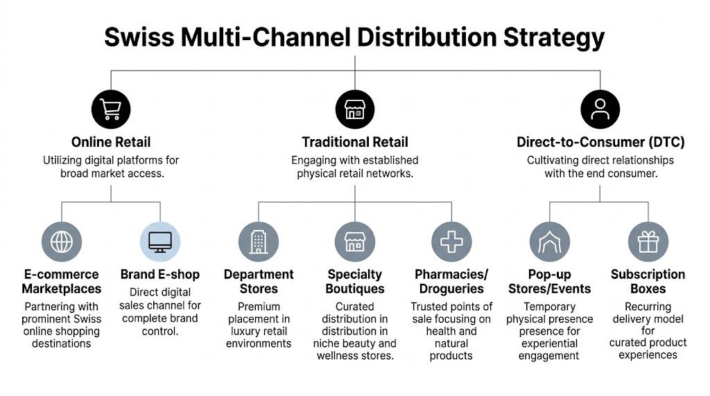 A diagram outlining the Swiss multi-channel distribution strategy involving online retail, traditional retail, and direct-to-consumer approaches.