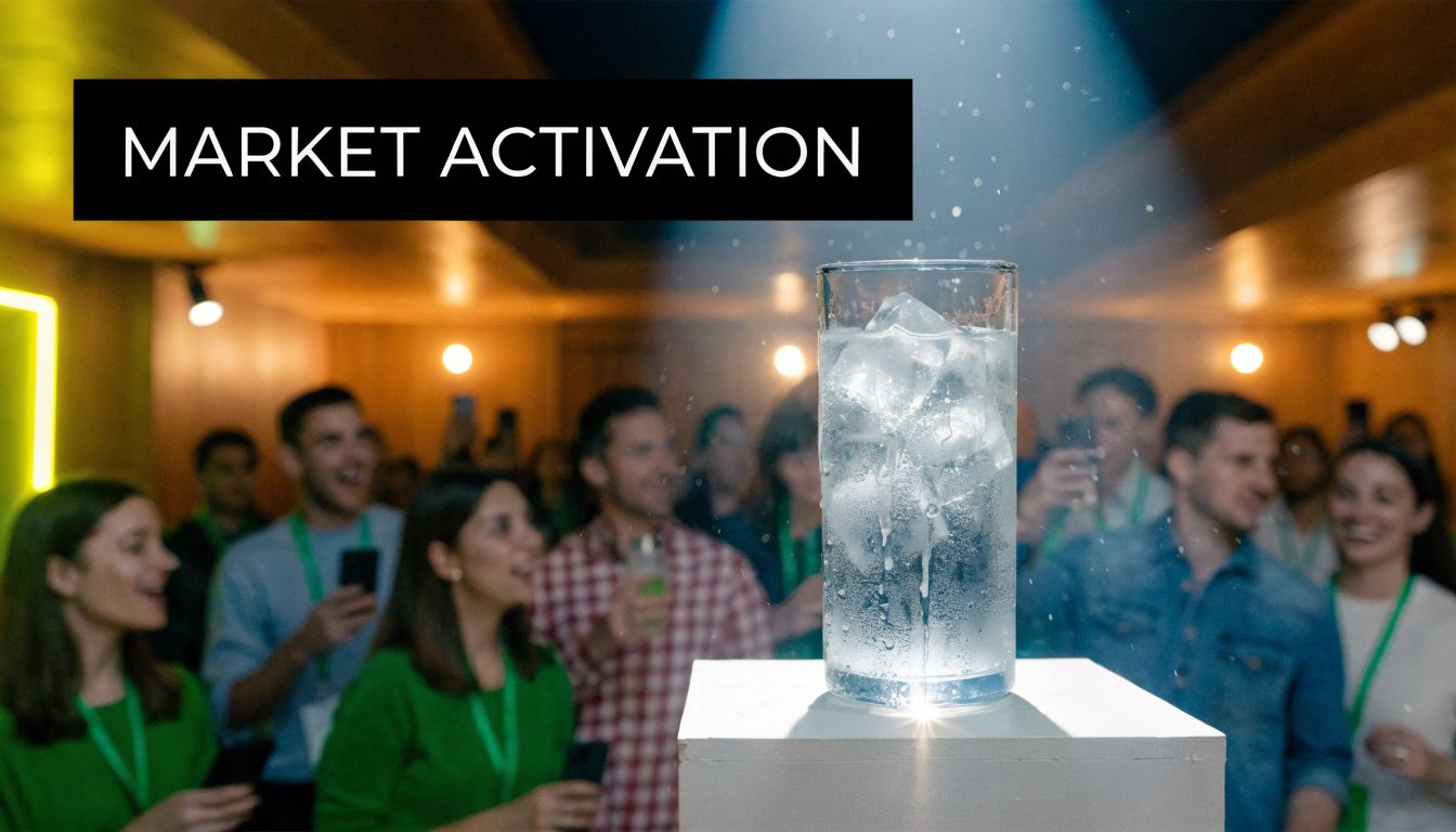 A glass of water with ice resting on a podium before a crowd at a market activation.
