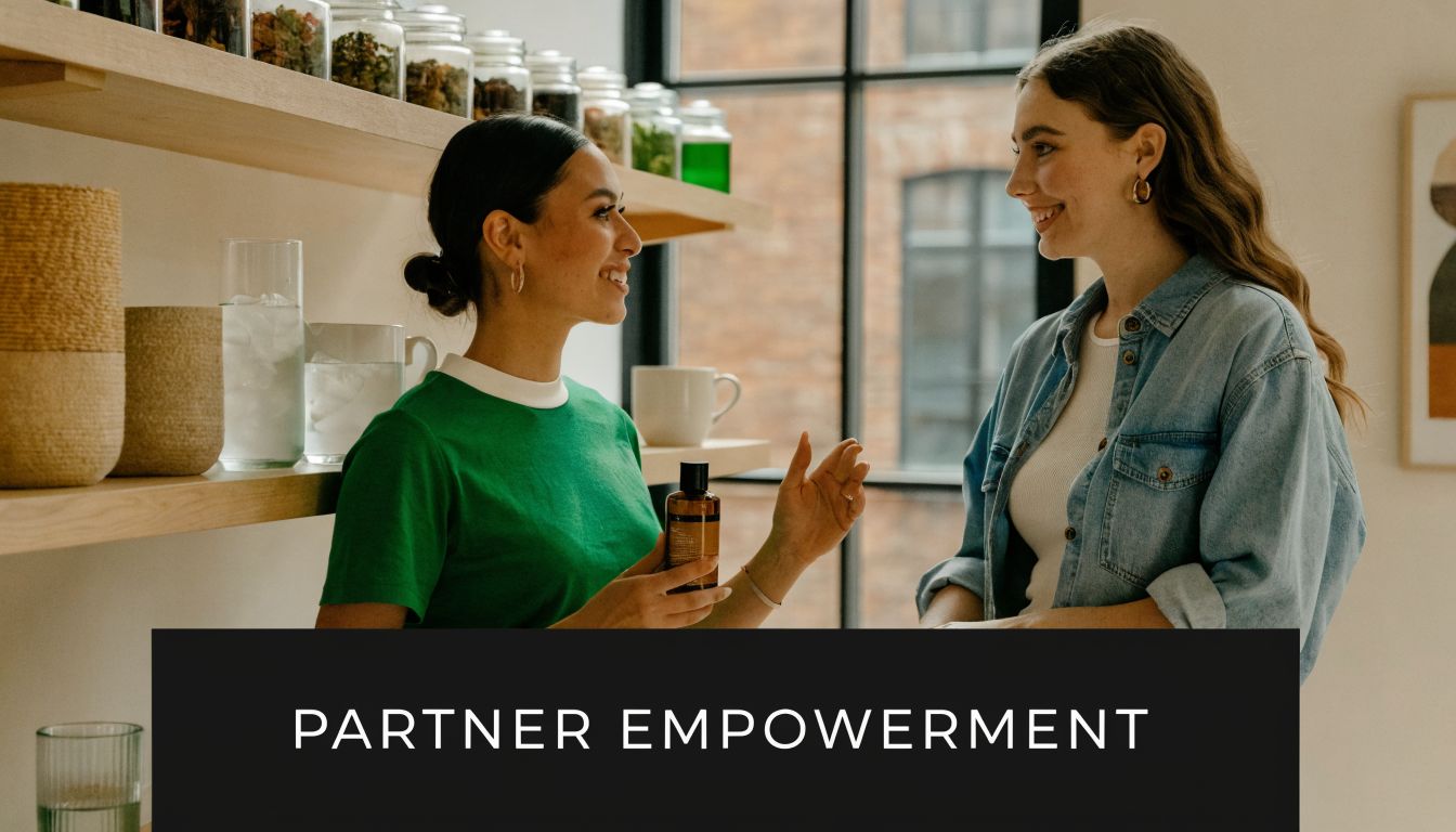 Two women engaged in a friendly conversation while standing in a modern, well-lit kitchen studio.