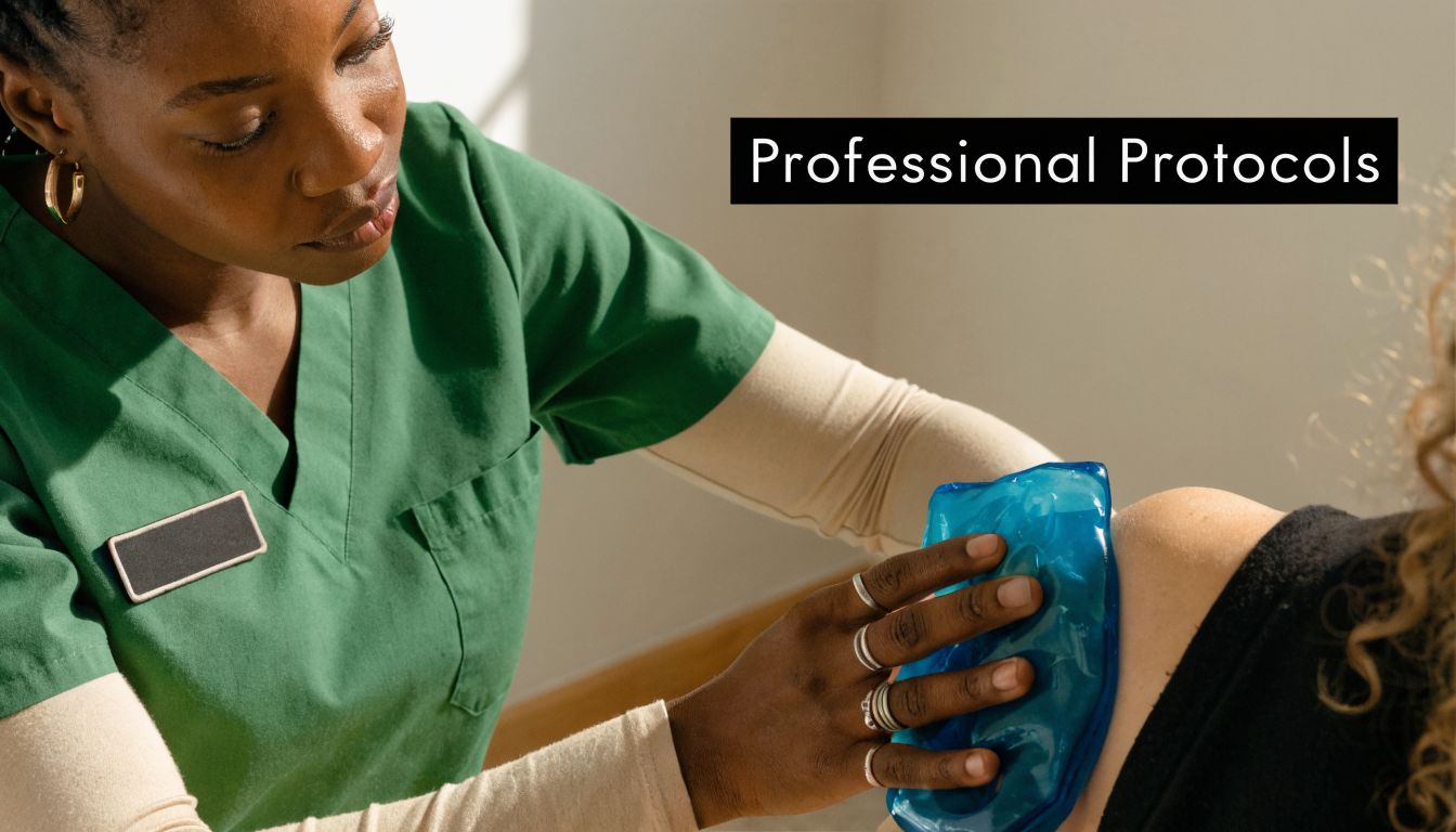 A healthcare professional in a green scrub top applying a blue ice pack to a patient's shoulder.
