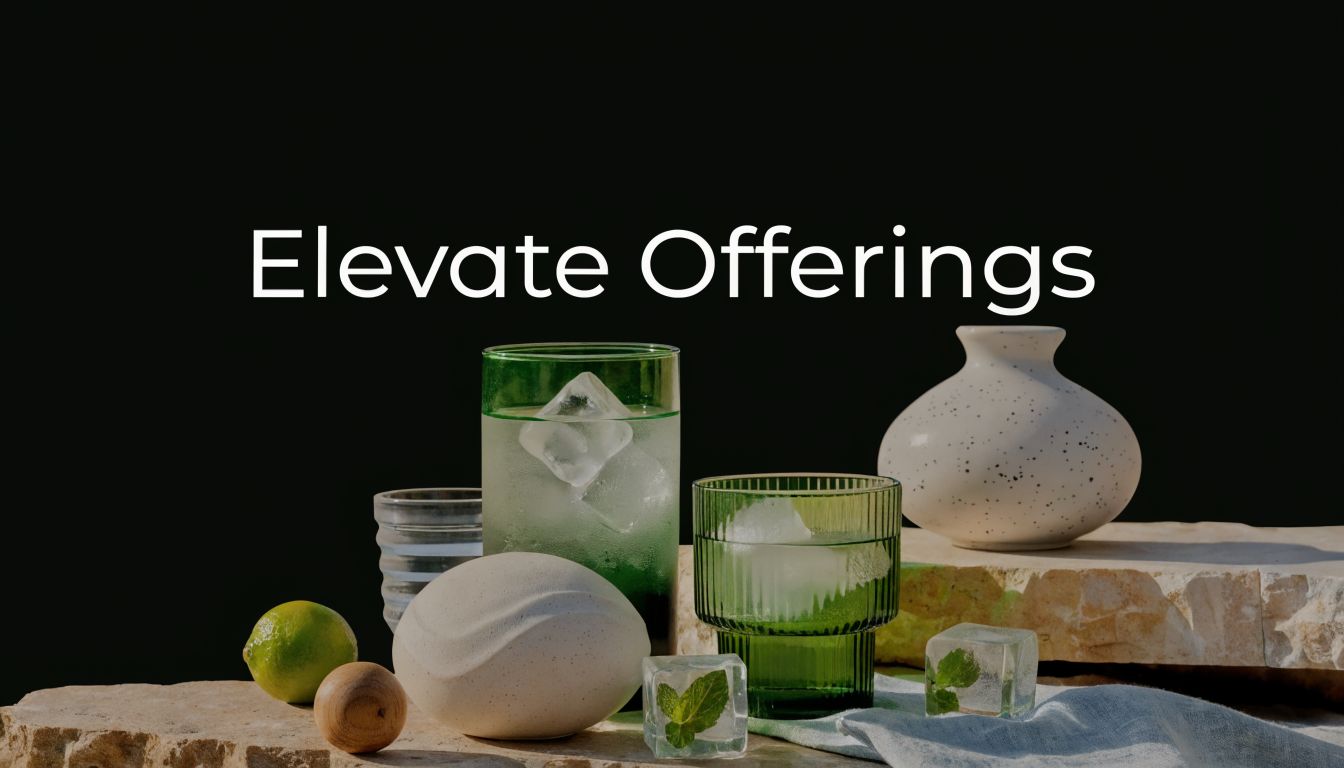 A modern drink setup with green glassware, ice cubes with mint, and decorative stones on a stone surface.