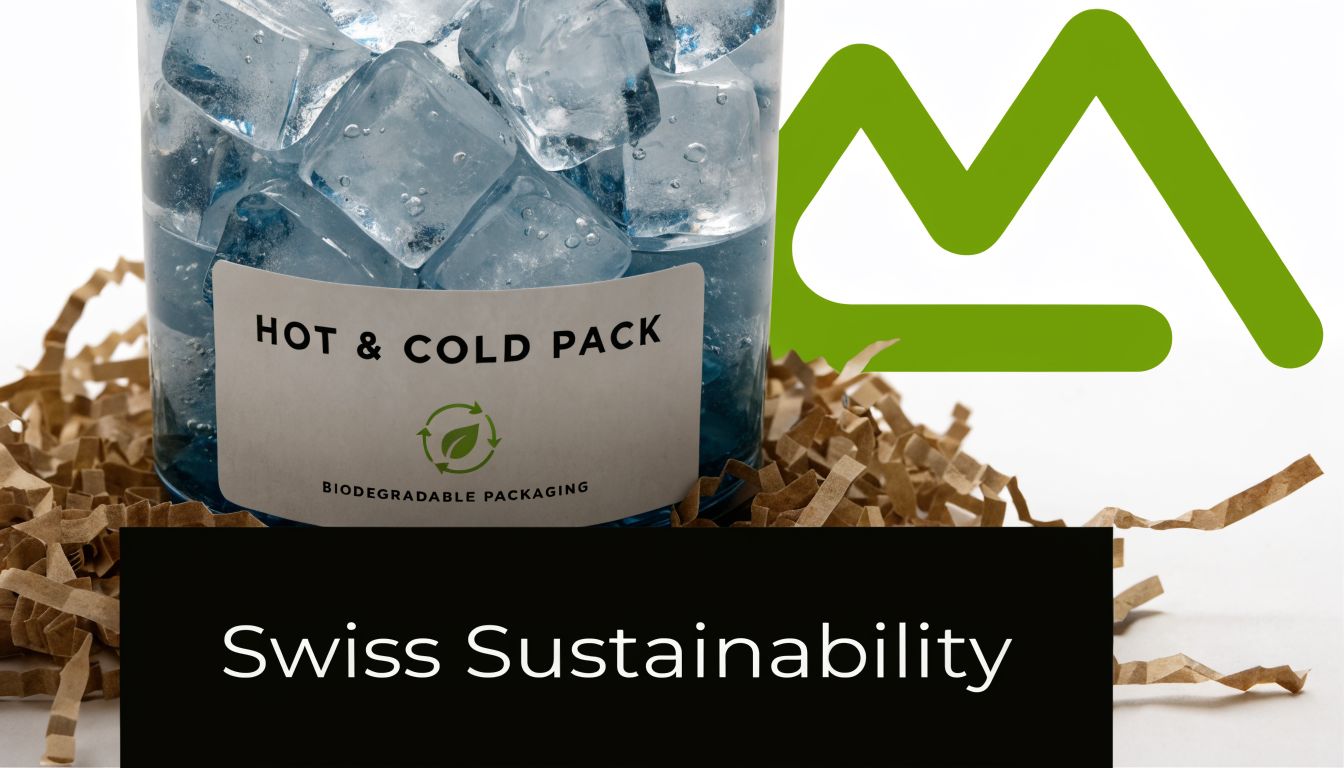 A biodegradable hot and cold ice pack nestled in brown paper shred, branded with Swiss Sustainability.