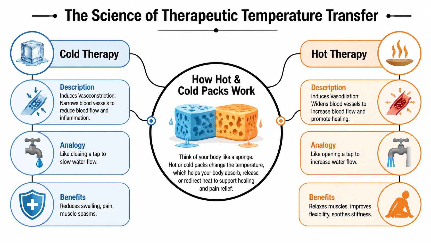 An infographic comparing the scientific effects of therapeutic hot and cold packs on the body.