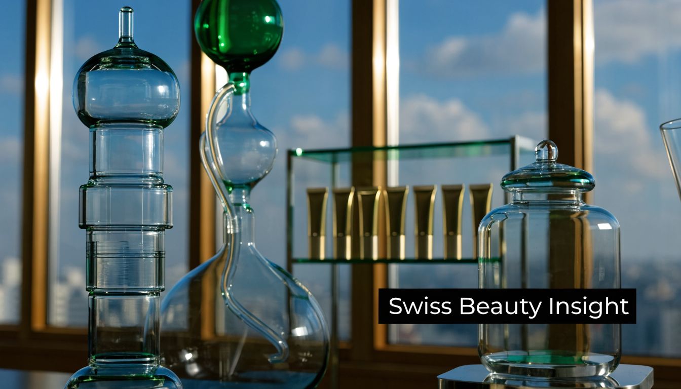 Elegant glass apothecary jars and cosmetic tubes displayed against a backdrop of a city skyline view.