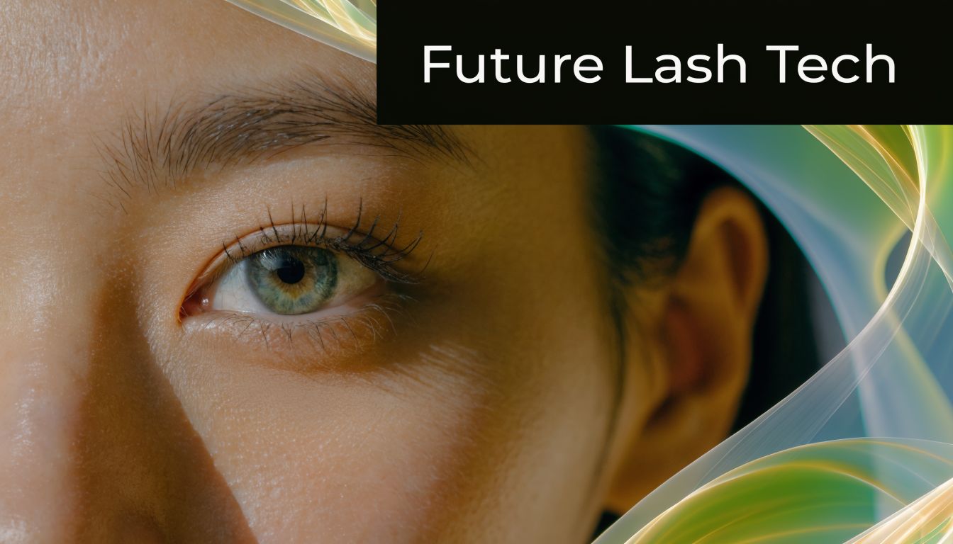 Close up shot of a woman with natural eyelashes extension looking forward with bright green eyes.