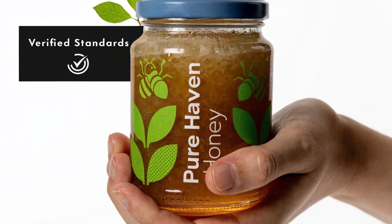 A hand holding a glass jar of Pure Haven honey with leaf and bee graphics, white background.