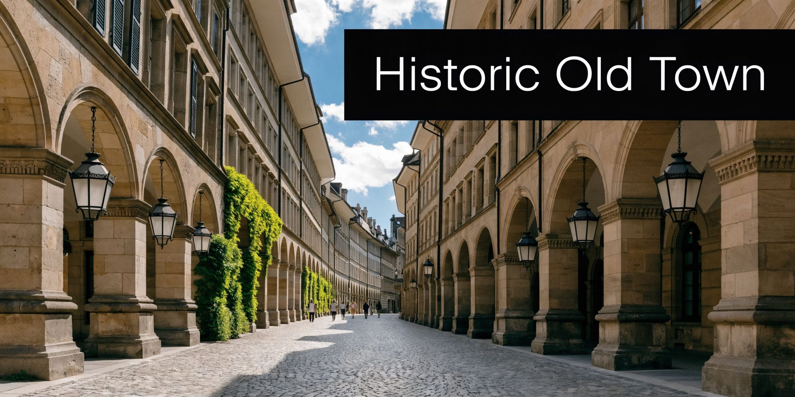 Cobblestone street in Bern's historic Old Town lined with sandstone buildings and stone archways under a sky.