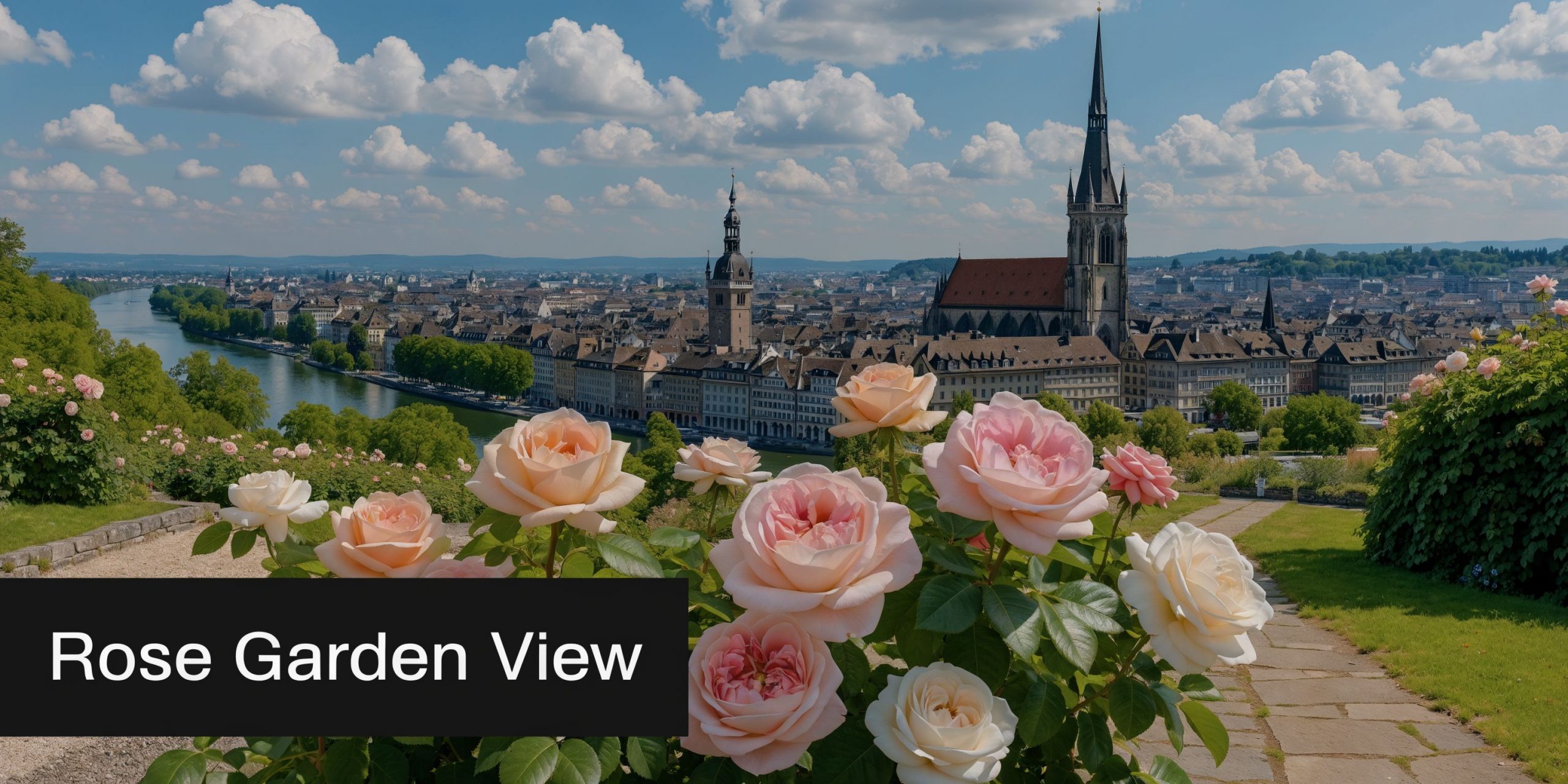 A scenic view of a beautiful rose garden overlooking the city of Bern and the Aare river.