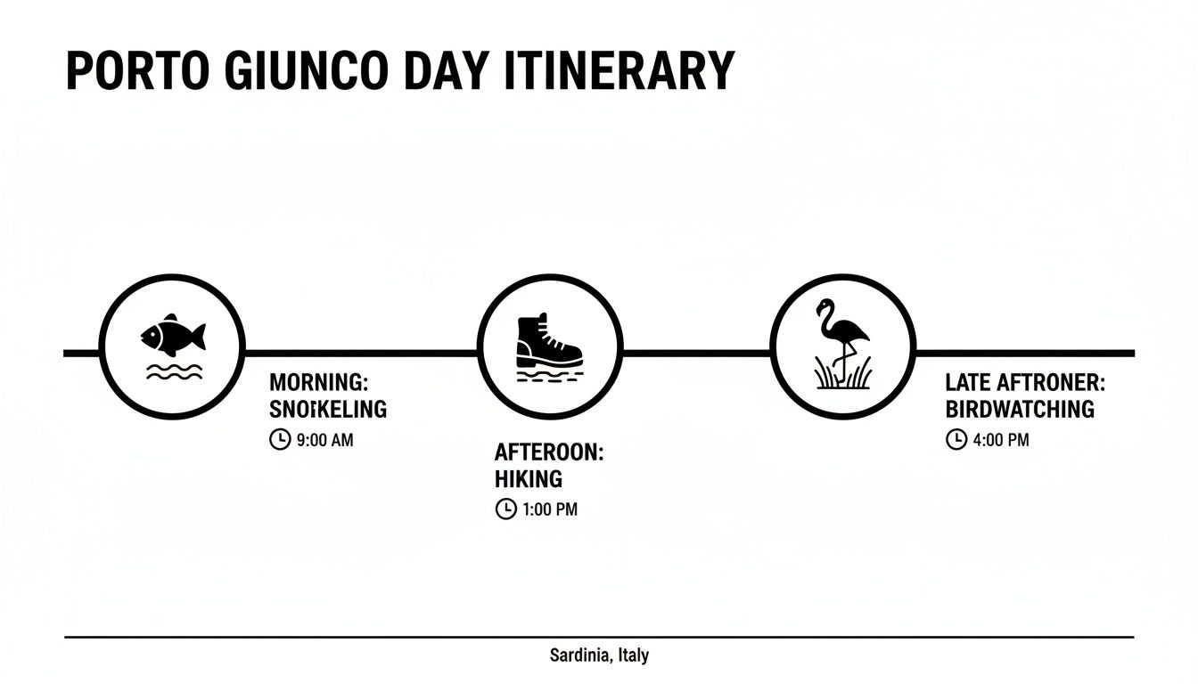 A day itinerary for Porto Giunco, Sardinia, showing snorkeling, hiking, and birdwatching activities with times.