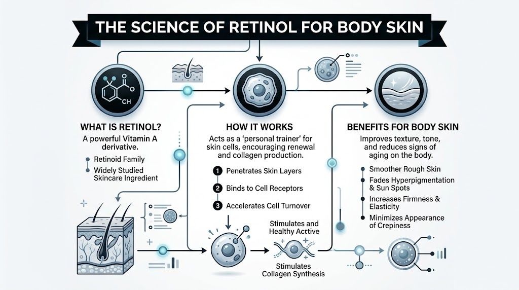 An infographic illustrating the science of retinol, explaining its function in skin renewal and body skin benefits.