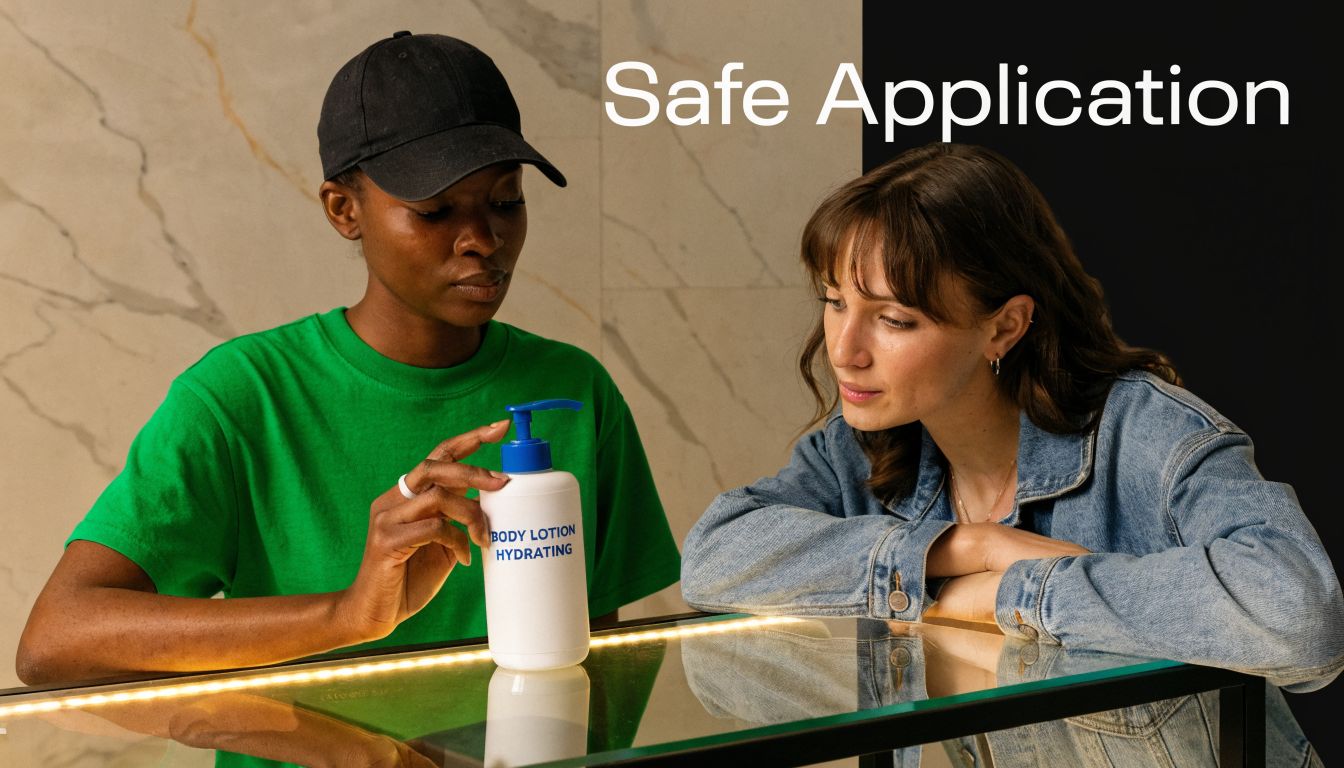 Two women looking closely at a bottle of hydrating body lotion placed on a glass table.