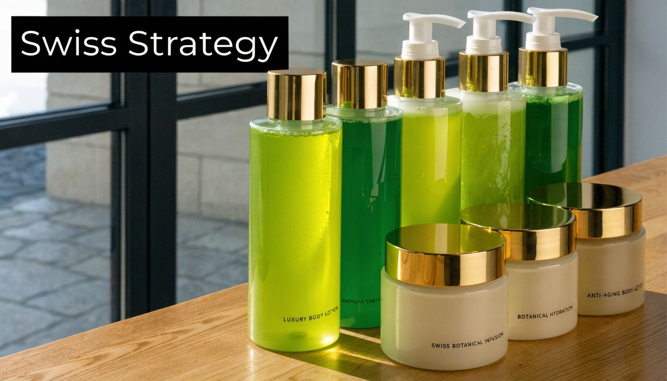 A collection of luxury skincare products including green lotions and white creams displayed on a wooden surface.