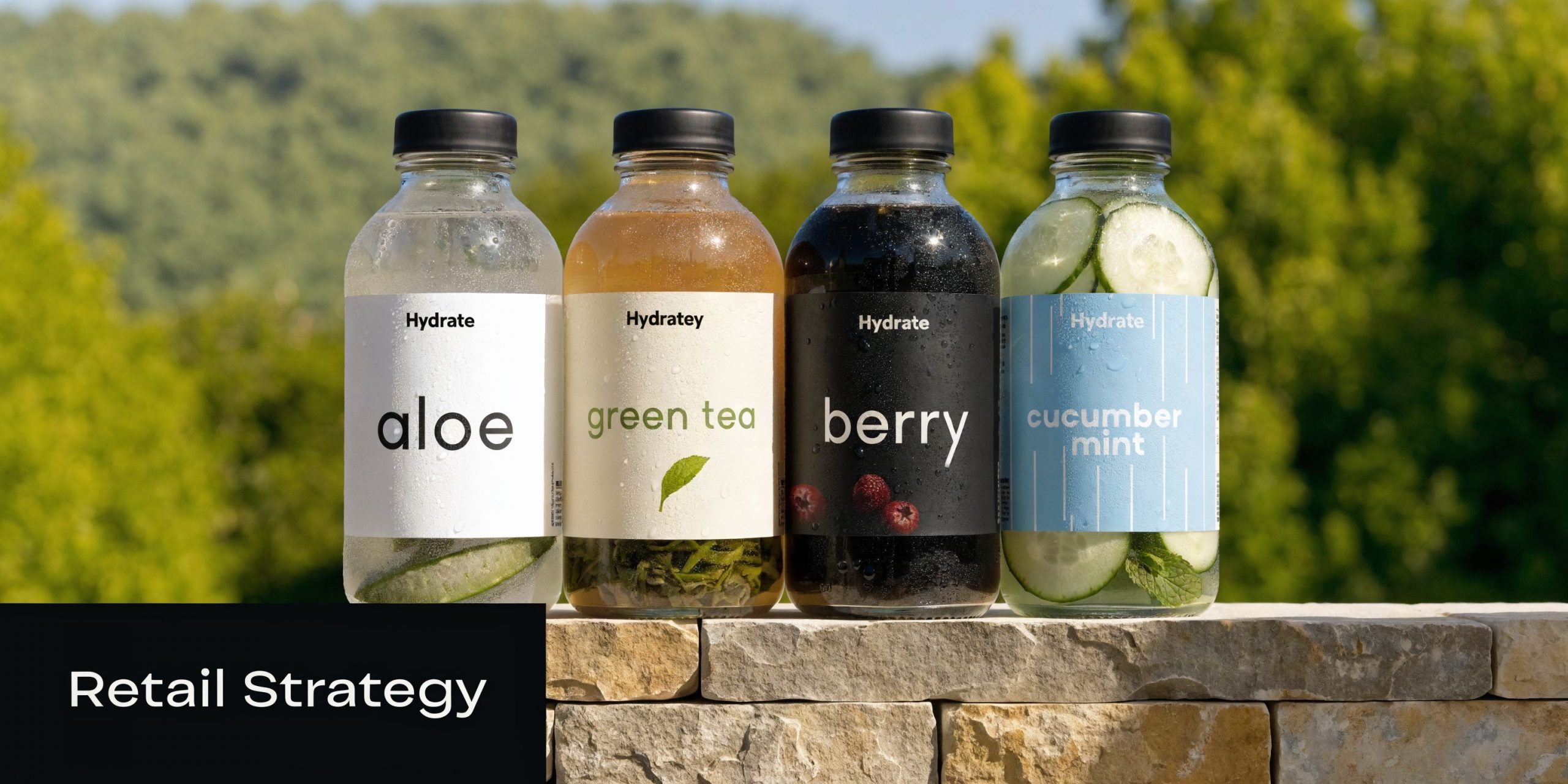 Four clear glass bottles filled with fruit and herb infused water sitting on a stone wall.