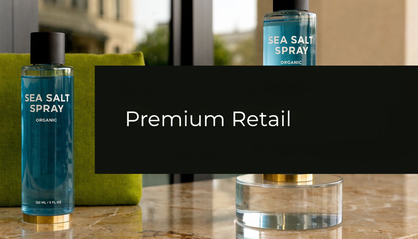 Two bottles of organic sea salt spray placed on a marble surface next to a green cushion.