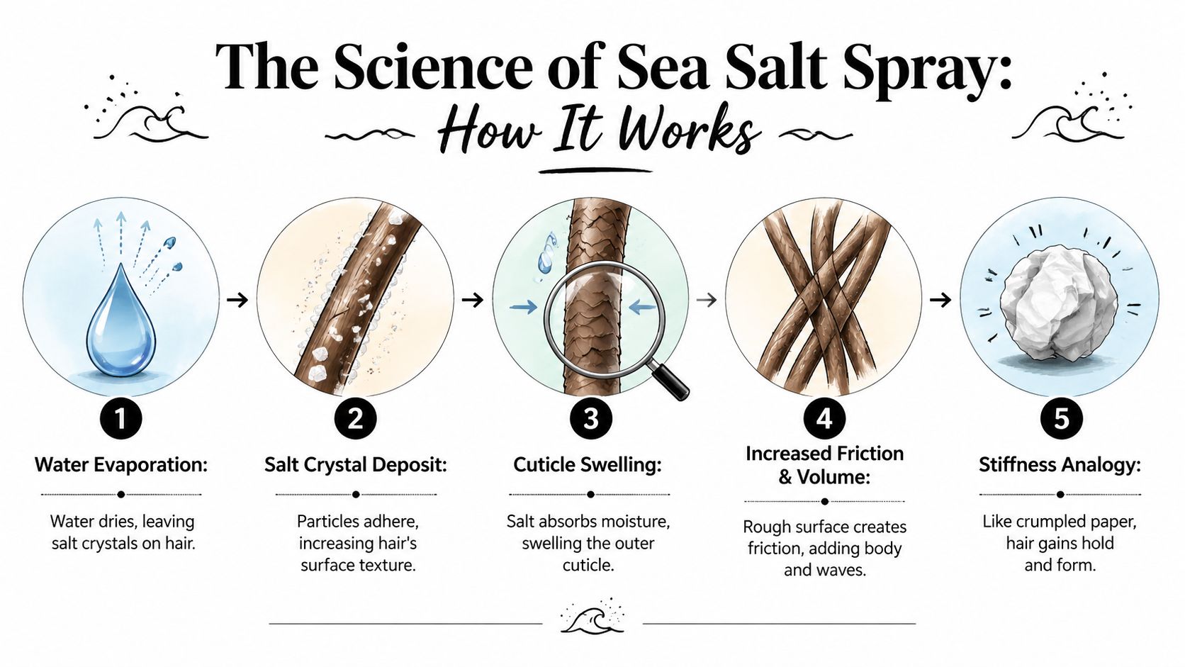 An infographic illustrating the five-step scientific process of how sea salt spray adds texture and hold to hair.