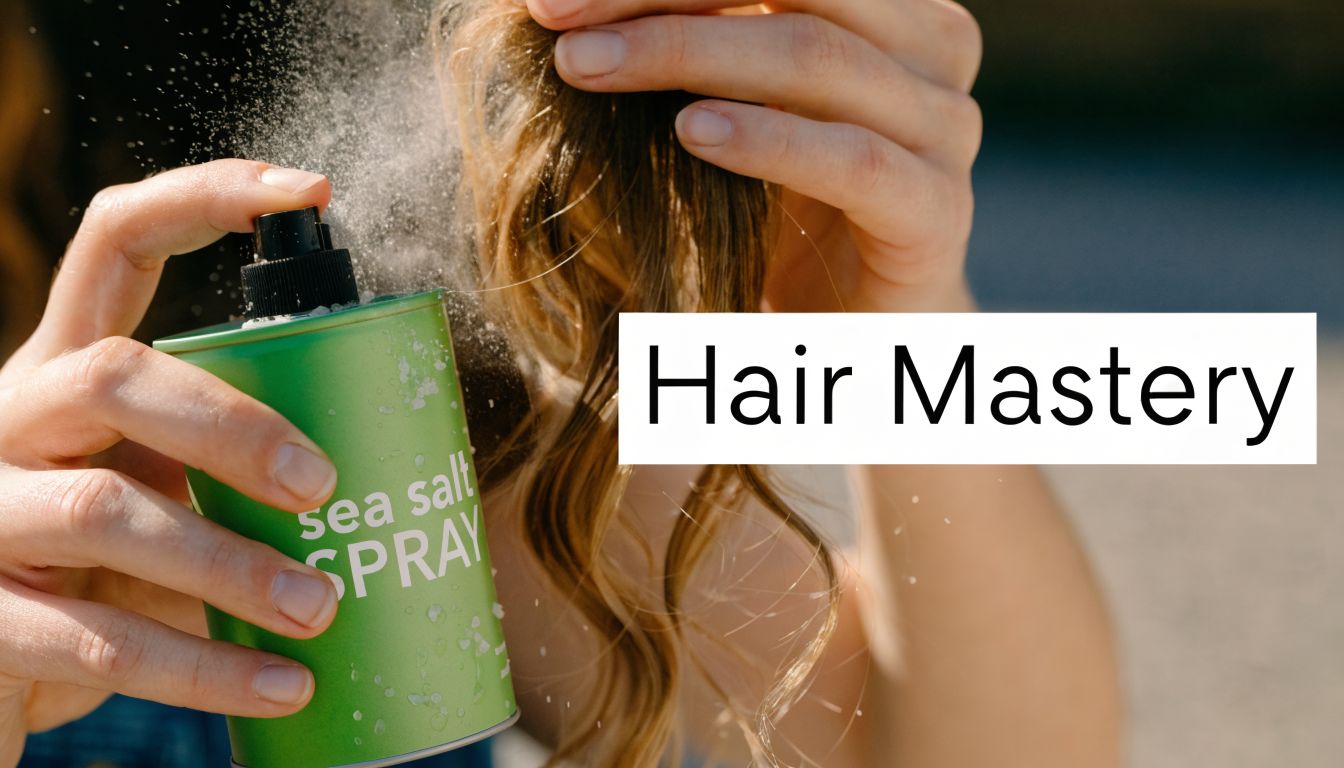 A close-up of a person spraying sea salt spray onto their wavy hair for styling.