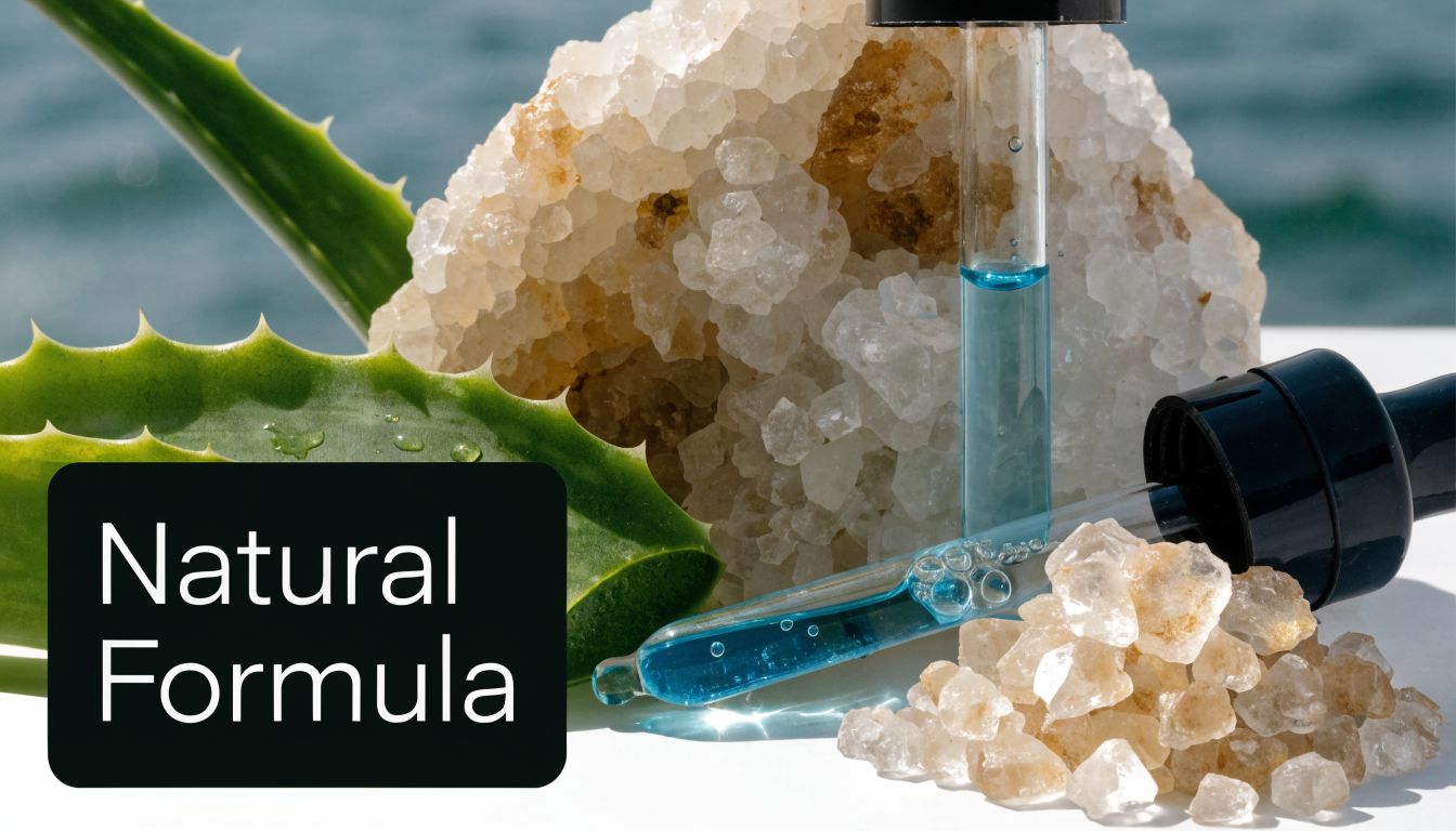 A dropper with blue serum positioned beside aloe vera leaves, sea salt crystals, and a raw mineral formation.