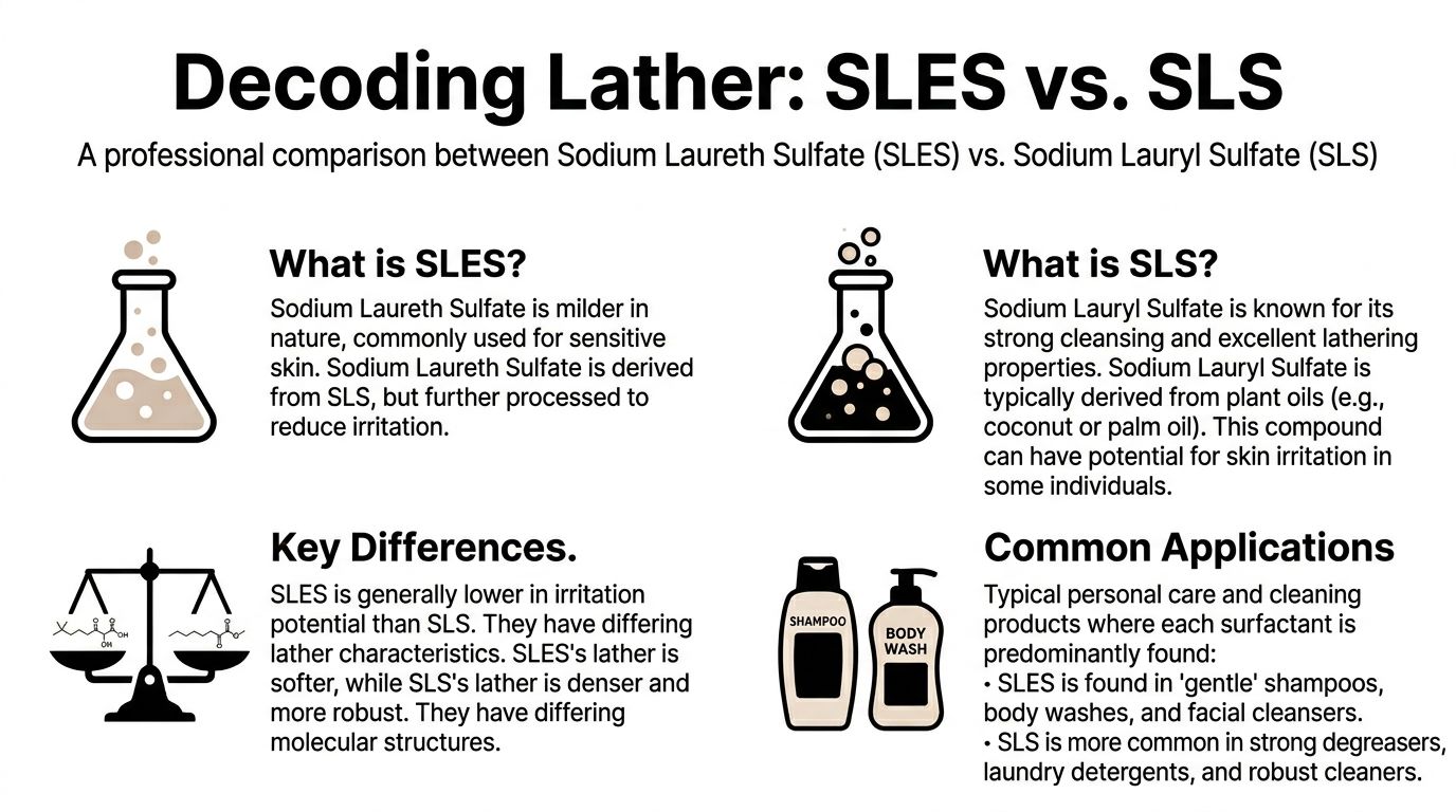 A comparison infographic detailing the differences between Sodium Laureth Sulfate (SLES) and Sodium Lauryl Sulfate (SLS).