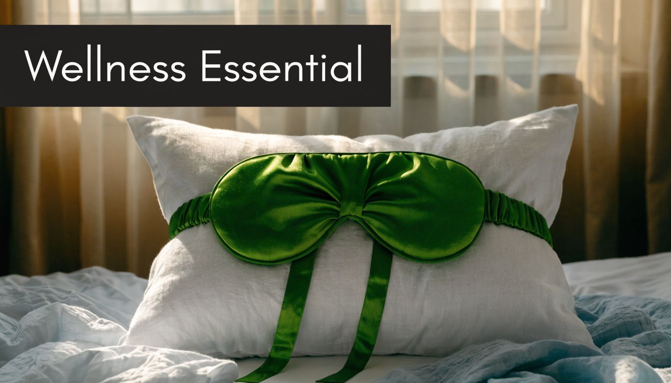 A luxurious green silk sleep mask resting on a white pillow in a bright, cozy bedroom setting.
