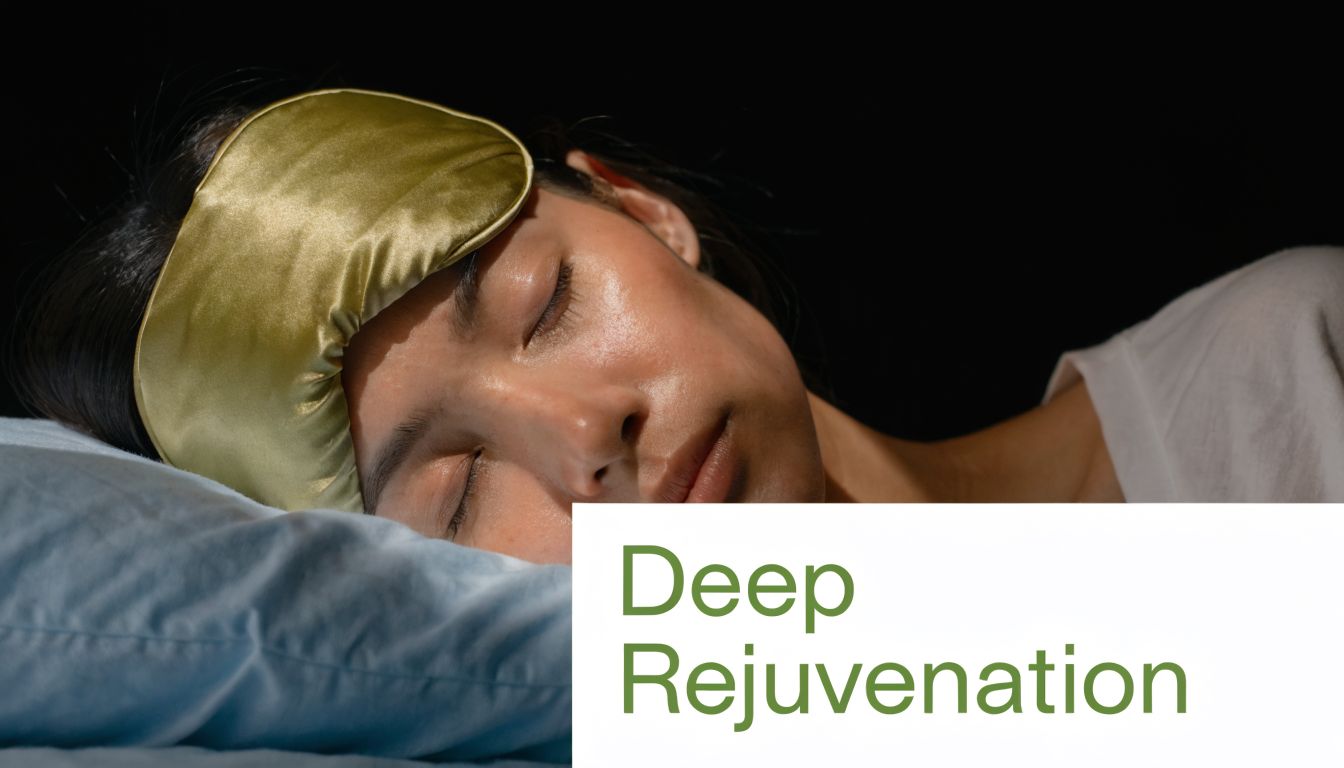 A woman wearing a smooth gold-colored silk sleep mask while resting her head on a soft pillow.