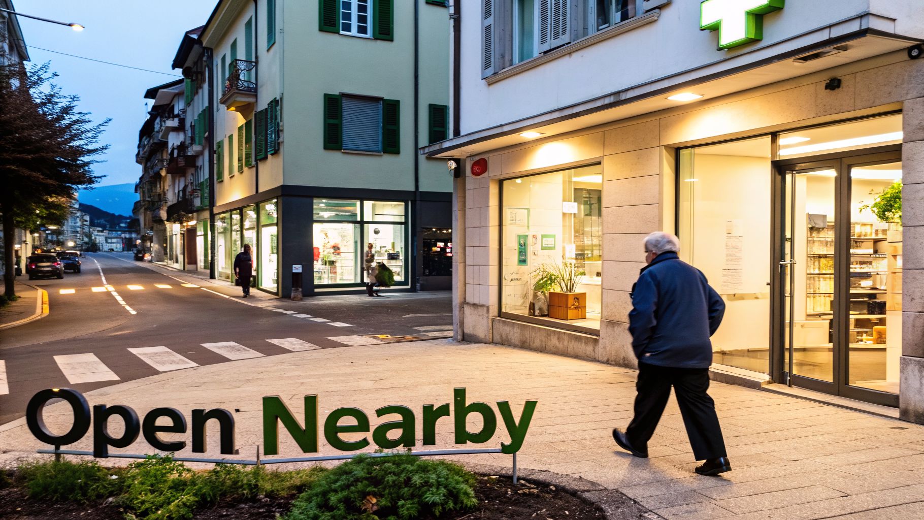 A person walks by a brightly lit pharmacy and other shops on an urban street at dusk, with an 'Open Nearby' sign.