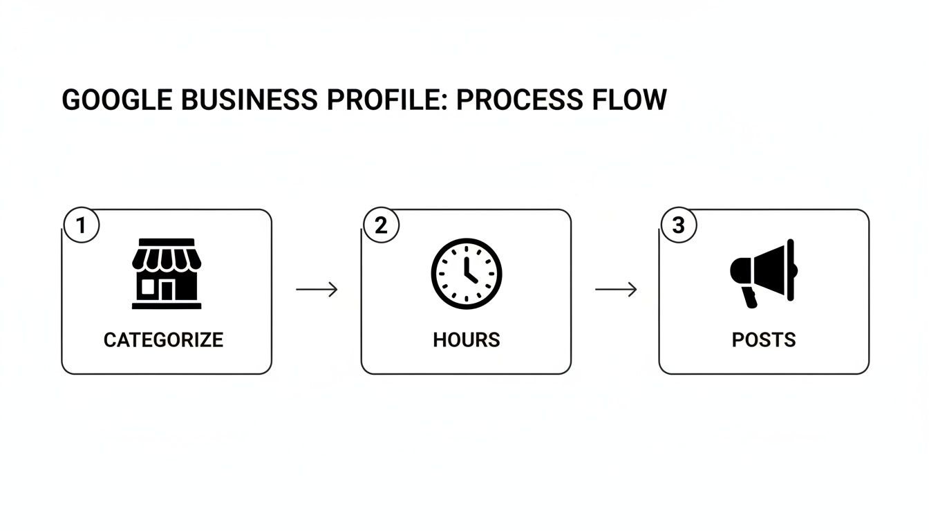 Google Business Profile process flow with three steps: Categorize (store icon), Hours (clock icon), and Posts (megaphone icon).