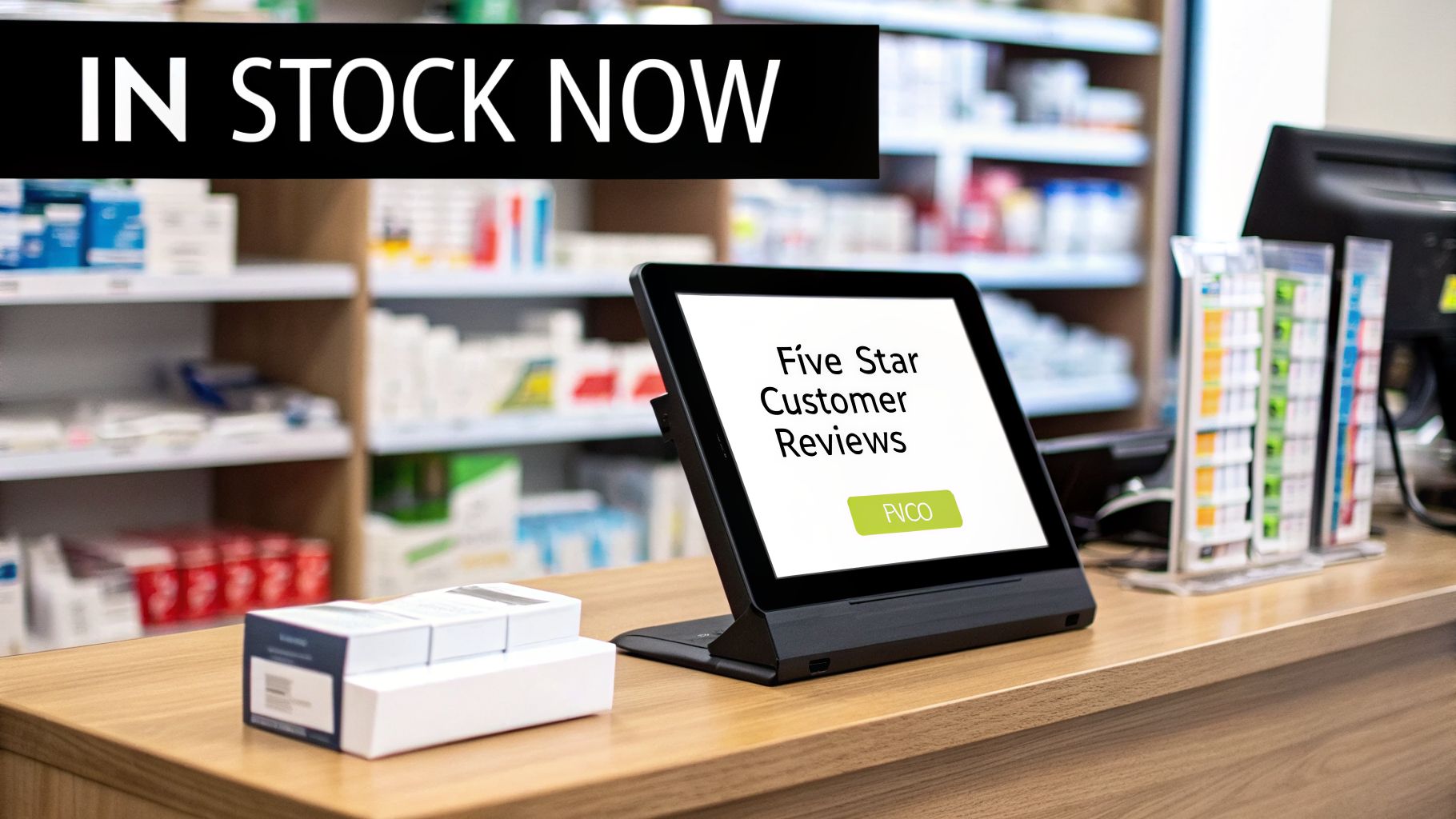 A store counter with a tablet displaying customer reviews and an "IN STOCK NOW" banner.