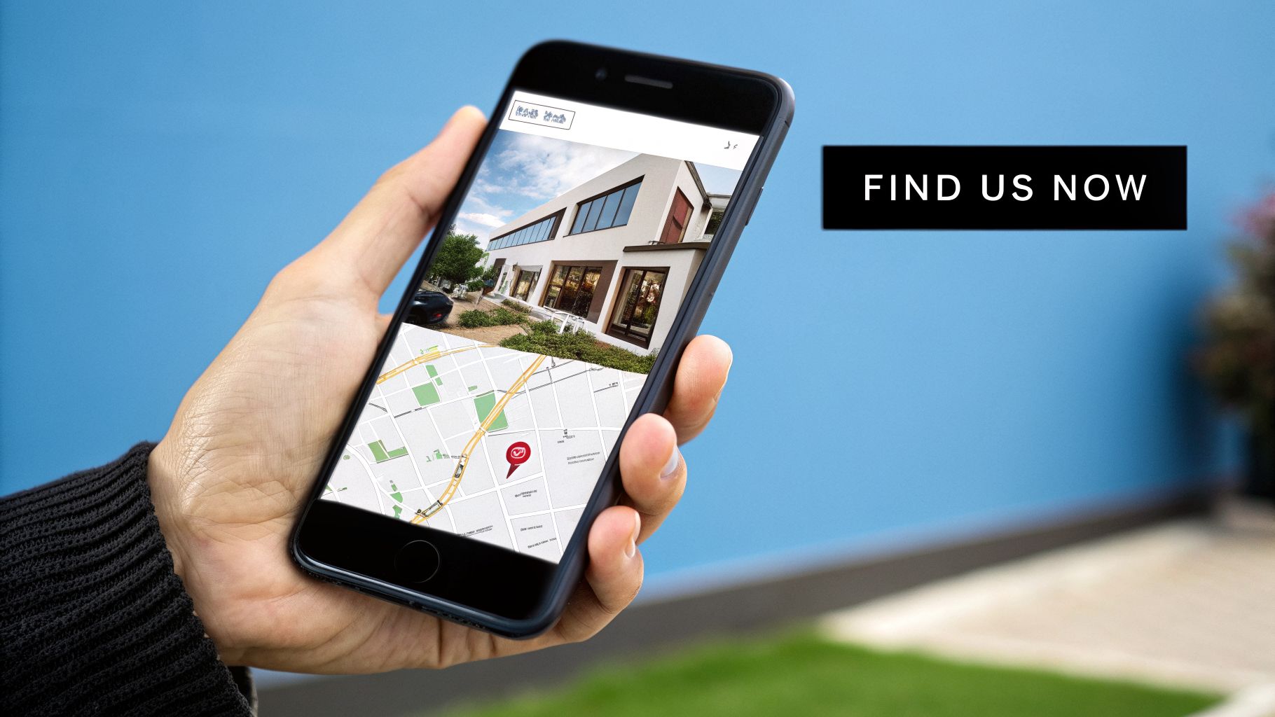 A hand holds a smartphone displaying a modern building and a map with a location pin.