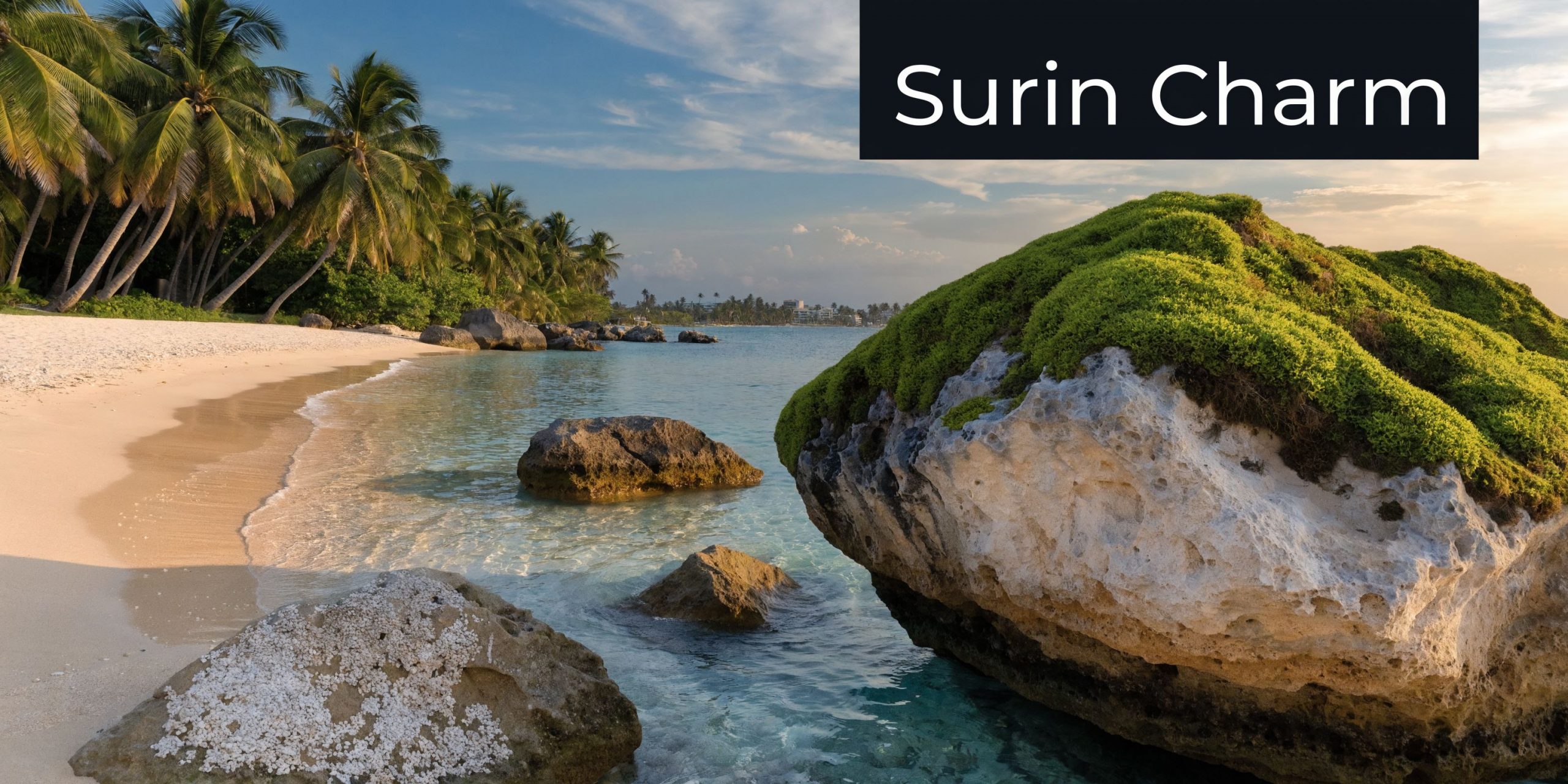 A scenic tropical beach in Phuket with golden sand, crystal clear water, palm trees, and large mossy rocks.