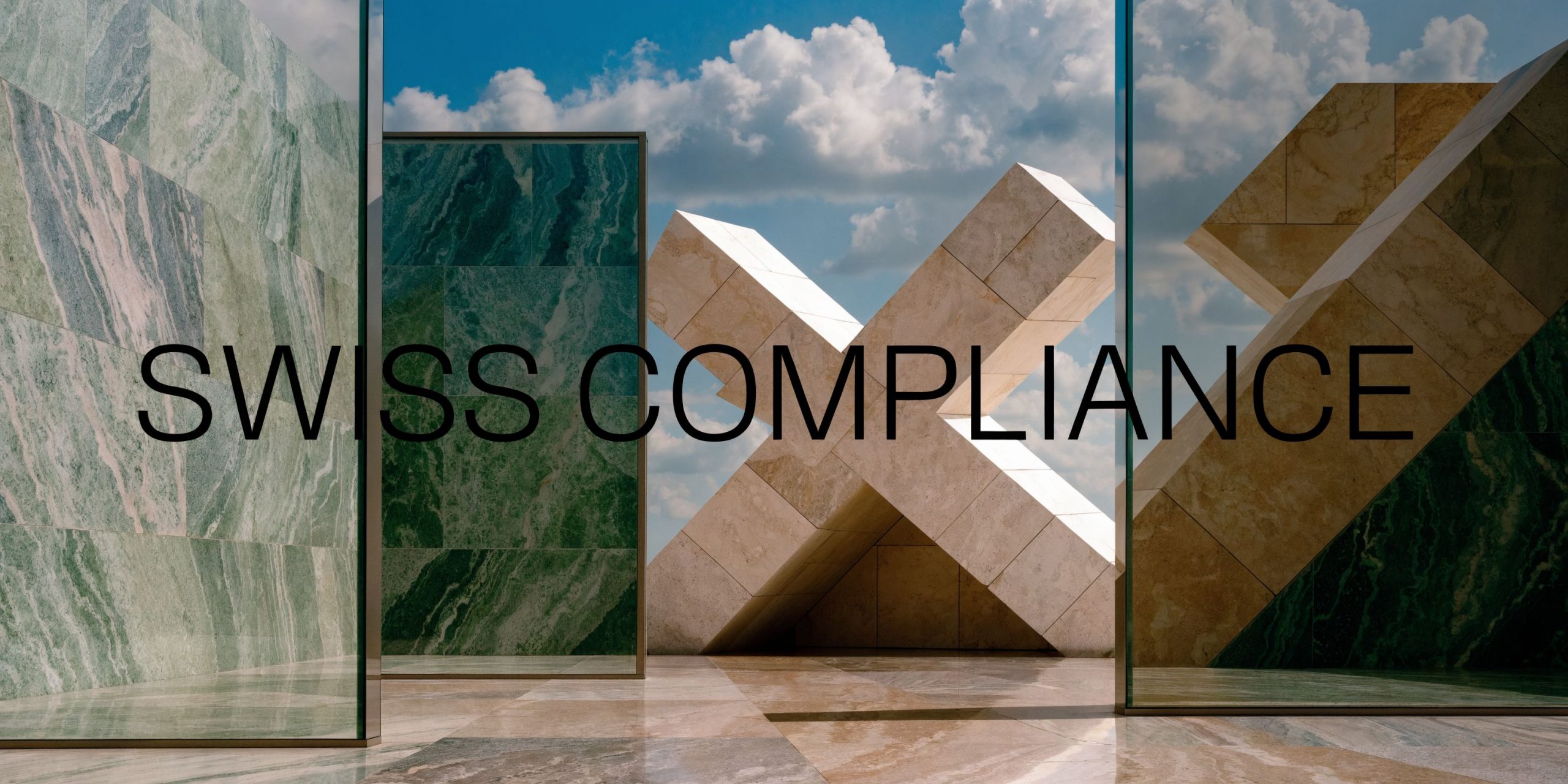 A modern architectural scene with green marble panels and a geometric beige X-shaped sculpture under a cloudy sky.