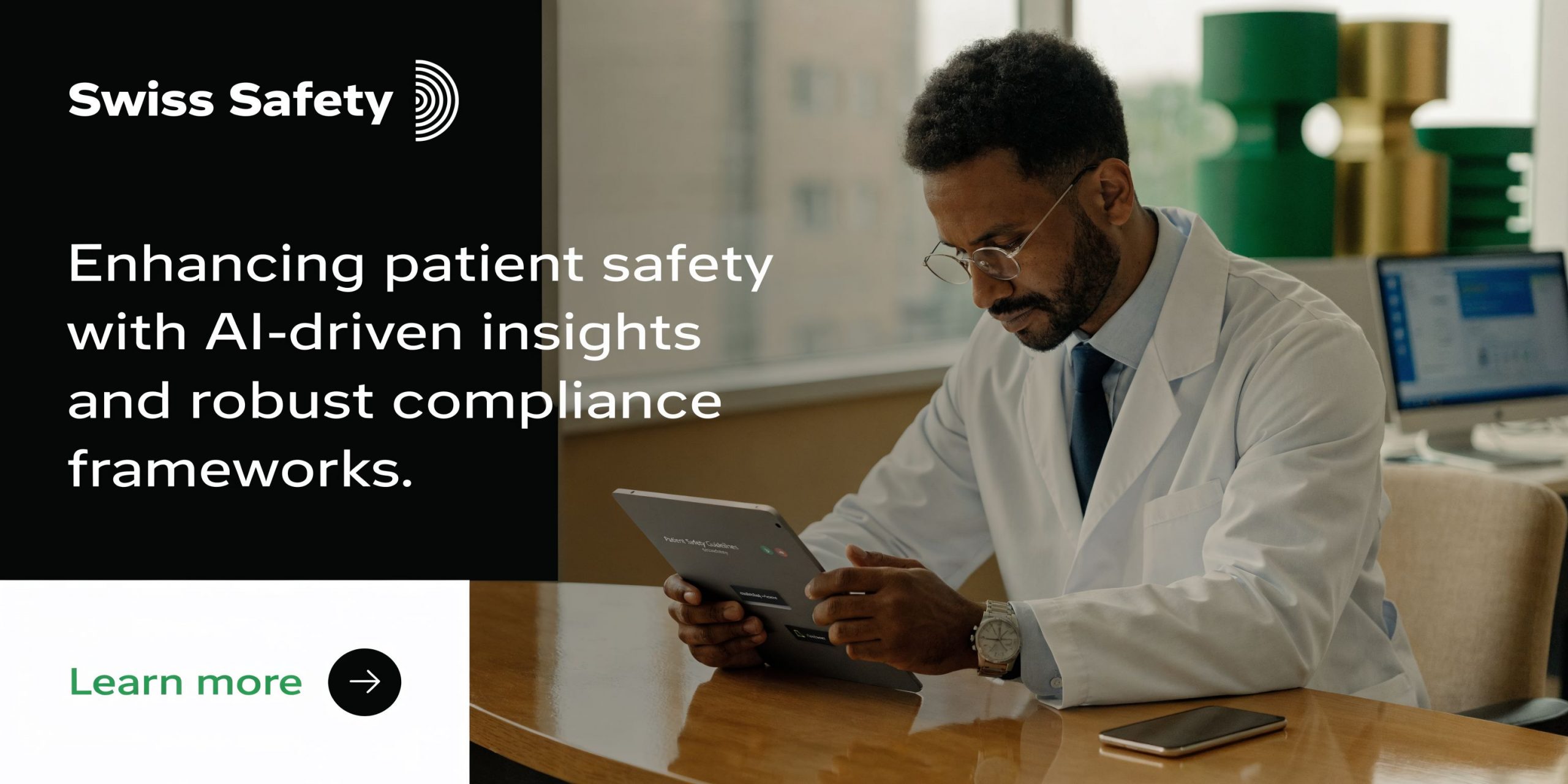 A healthcare professional in a white coat reviewing digital patient safety guidelines on a tablet.