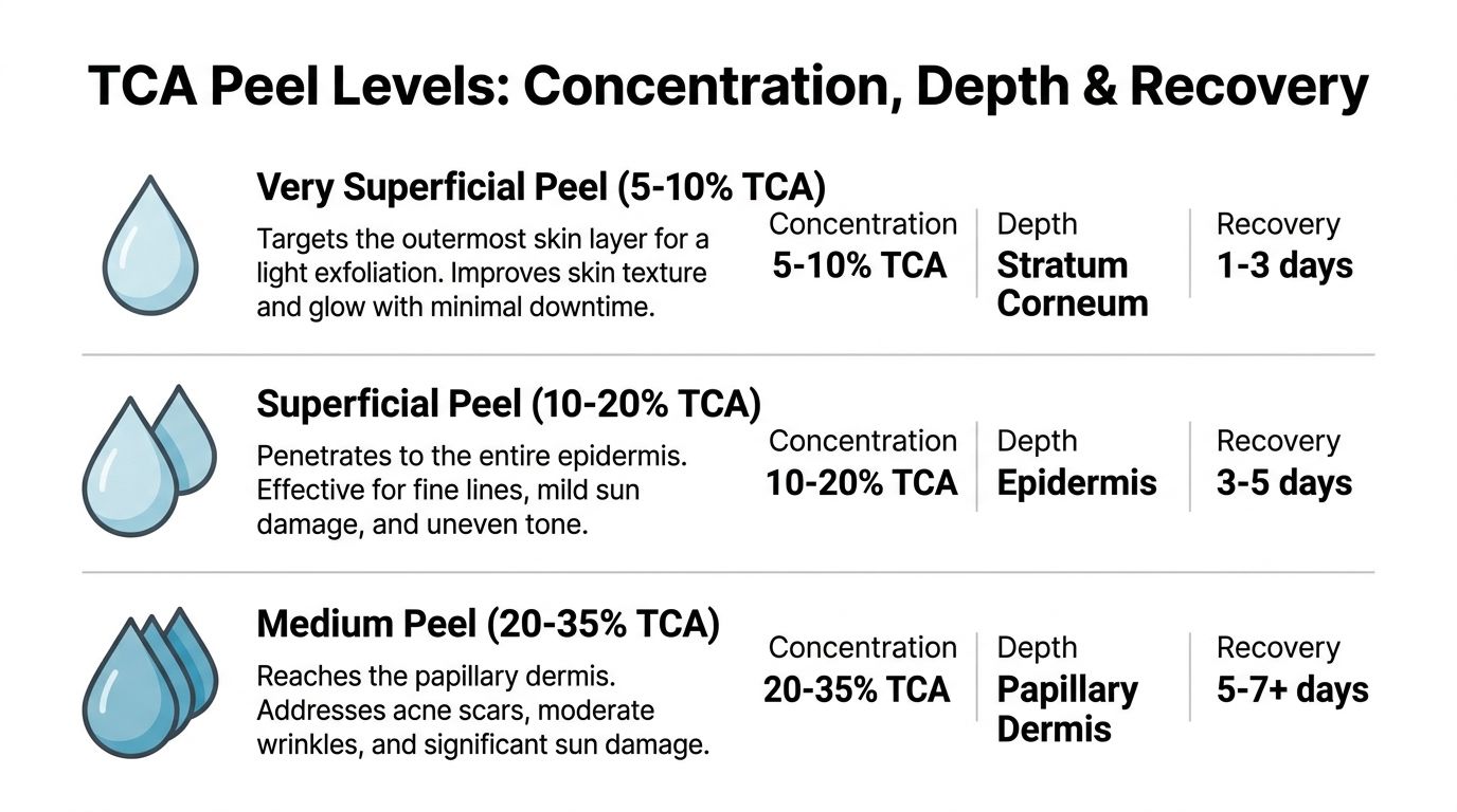 An infographic chart detailing TCA chemical peel concentrations, skin penetration depths, and estimated recovery times for patients.