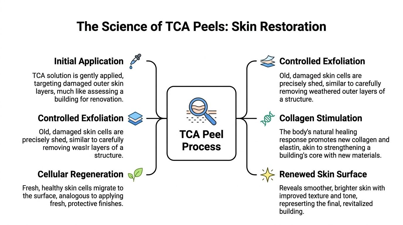 A diagram illustrating the biological process of a TCA peel, explaining steps from application to skin surface renewal.