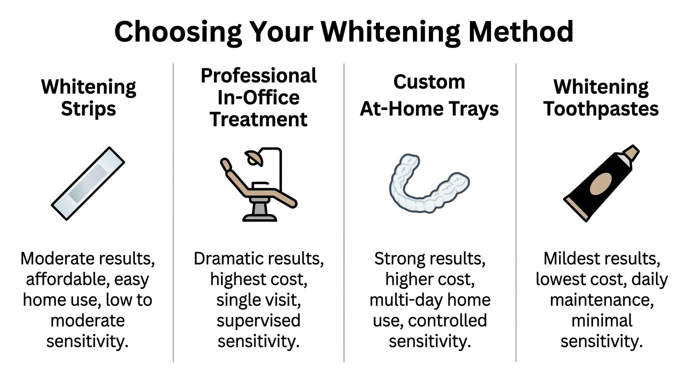 A comparison chart outlining the cost, results, and sensitivity levels of four different teeth whitening methods.