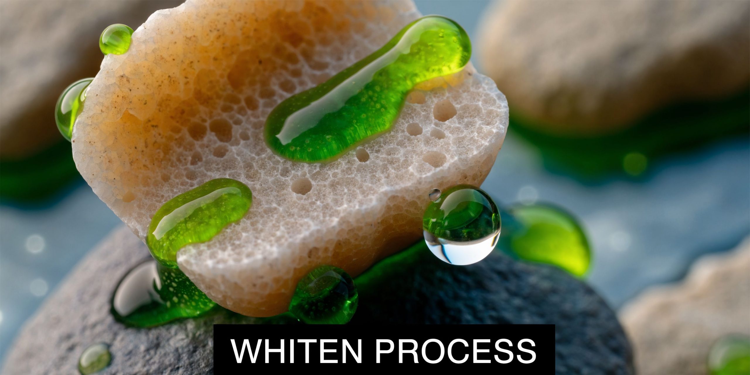 A porous sponge stone with bright green liquid gel dripping, symbolizing the process of teeth whitening.