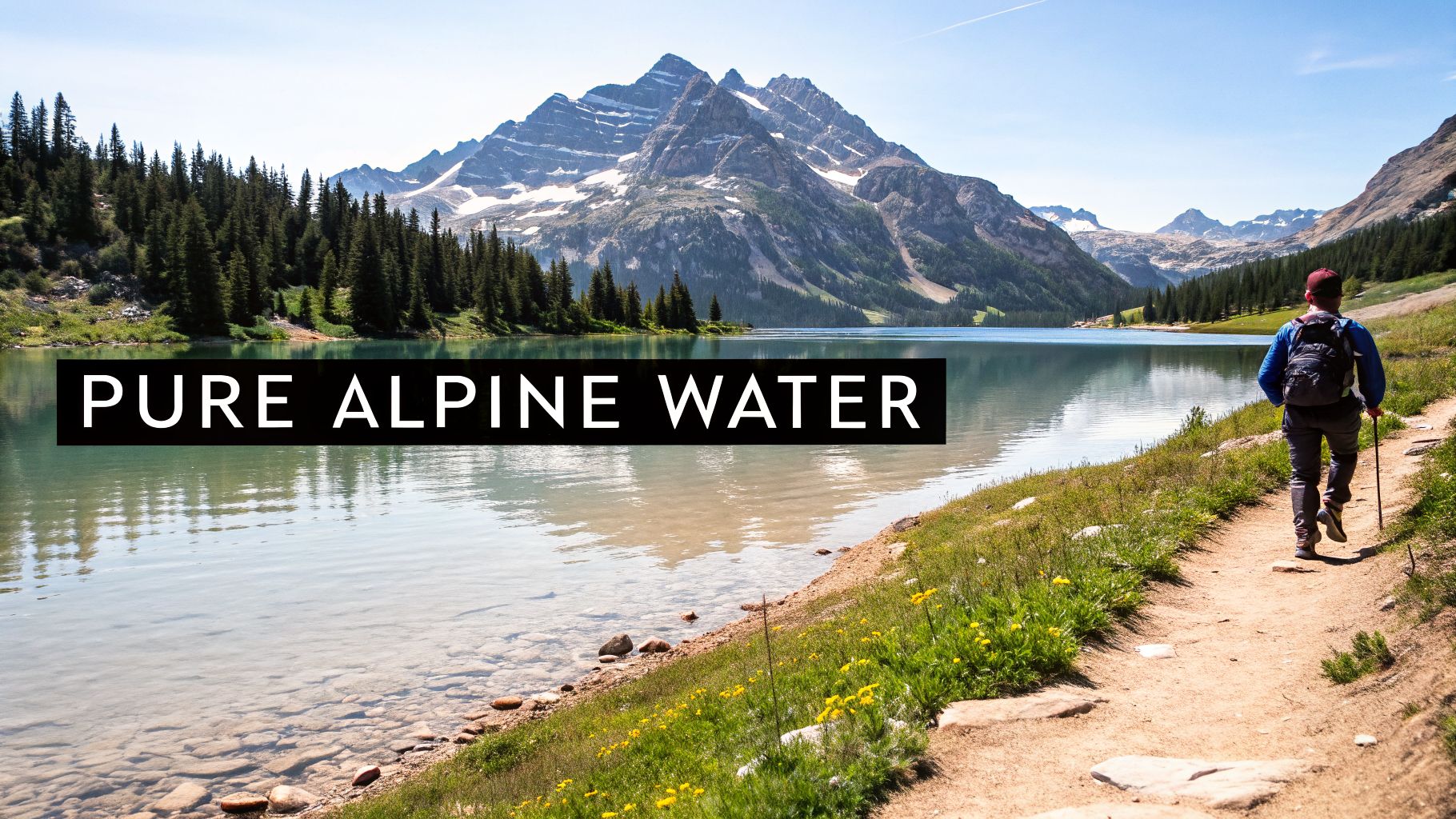 A person with a backpack hikes along a trail next to a beautiful mountain lake.