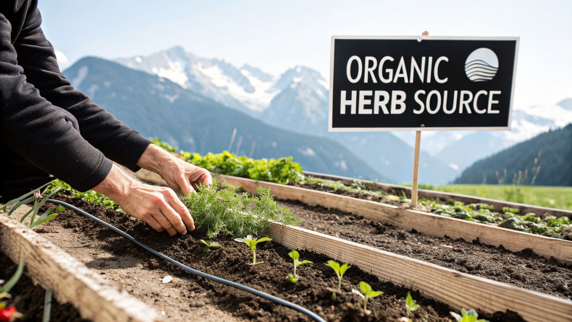 A person planting green herbs in raised garden beds with a sign 'Organic Herb Source' and mountains in the background.