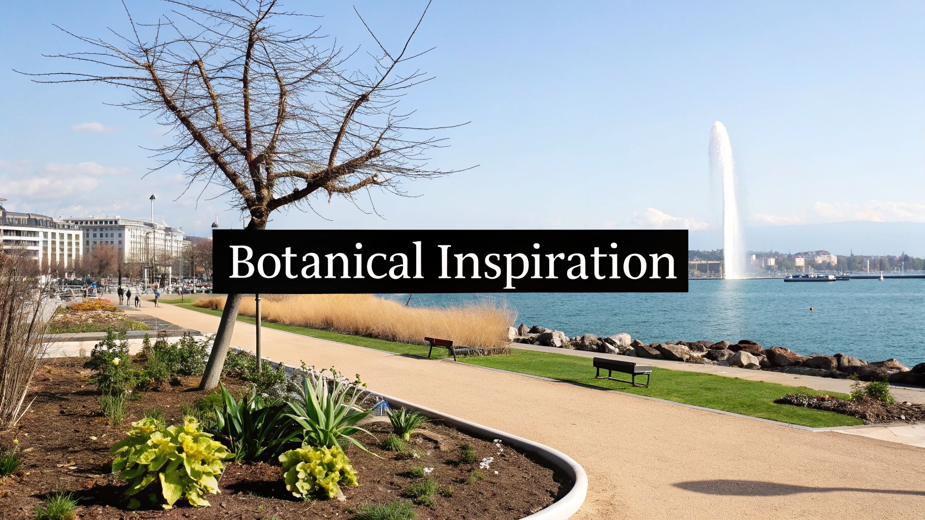 A scenic view of a botanical garden by Lake Geneva, featuring a large fountain, trees, and walking paths under a clear sky.